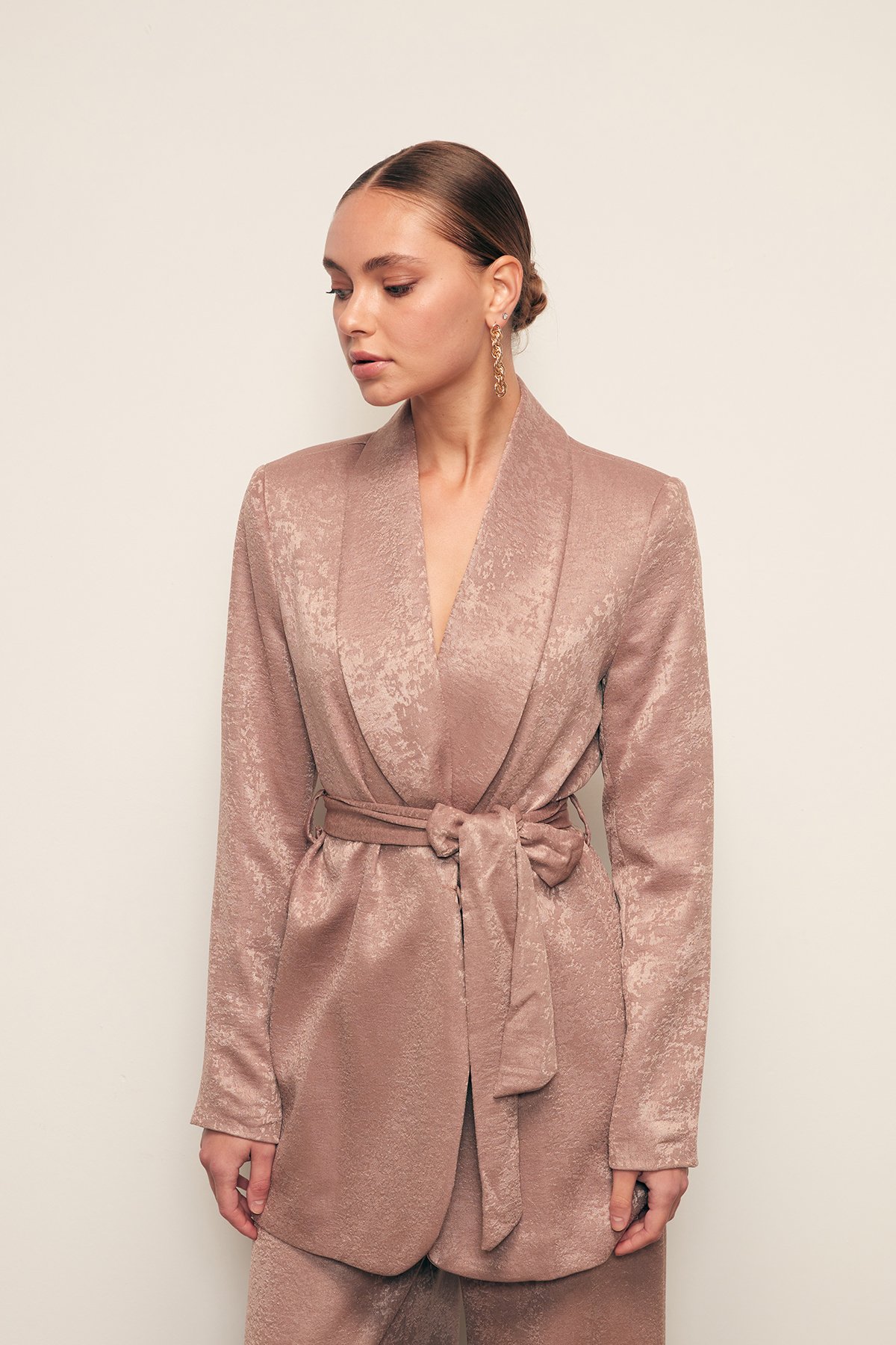 Kuşaklı Uzun Ceket - VİZON