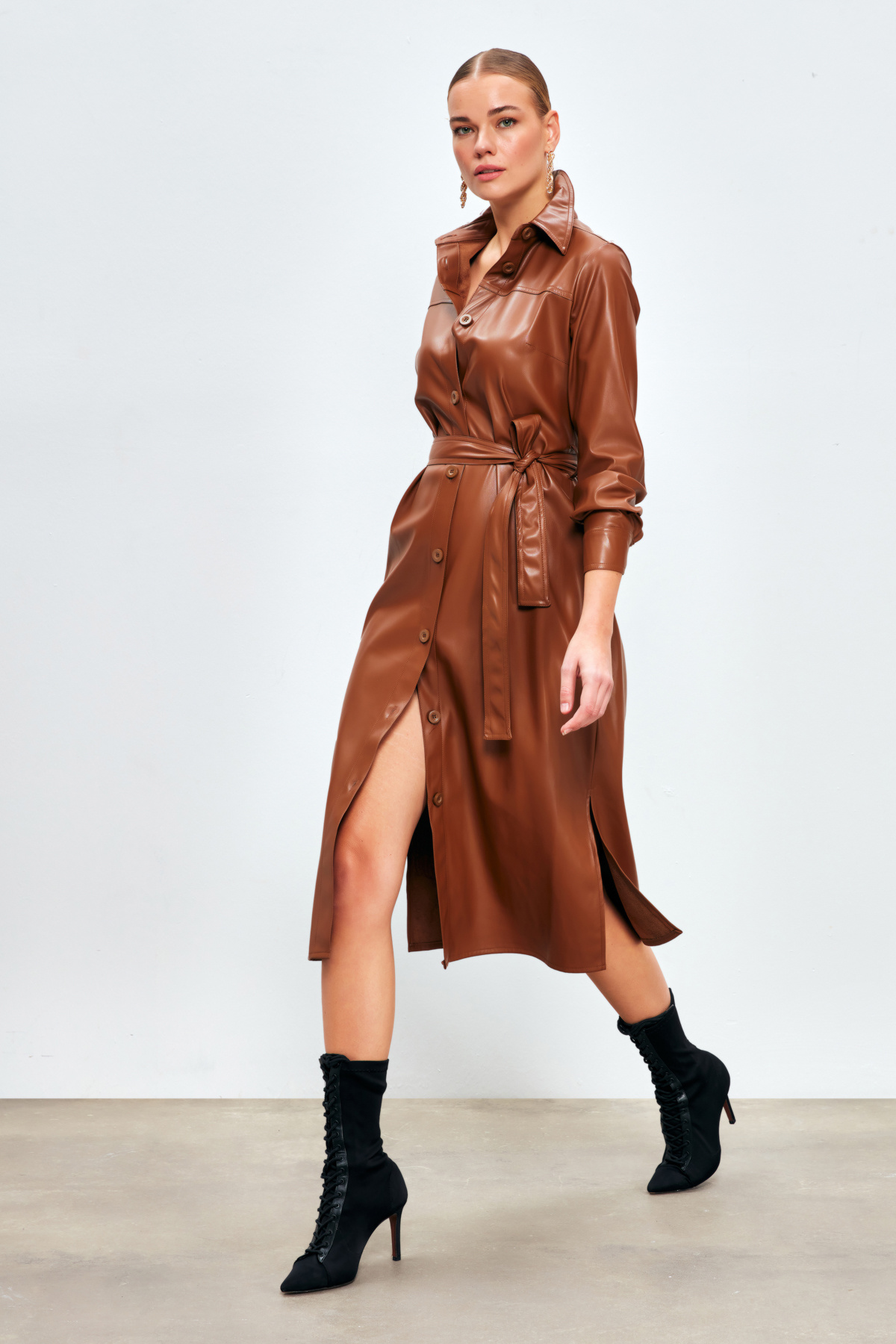 Belted Long Leather Shirt - BROWN