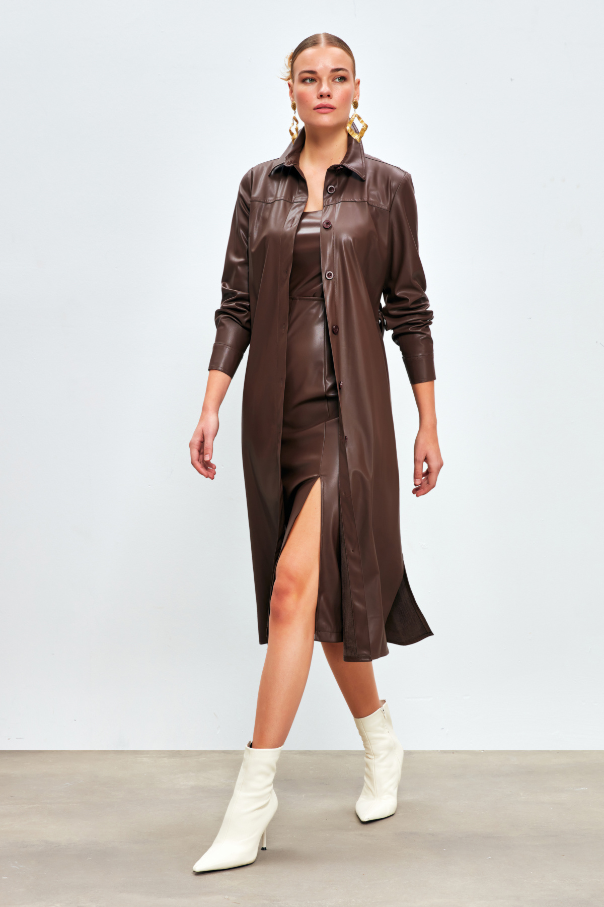 Belted Long Leather Shirt - DARK COFFEE