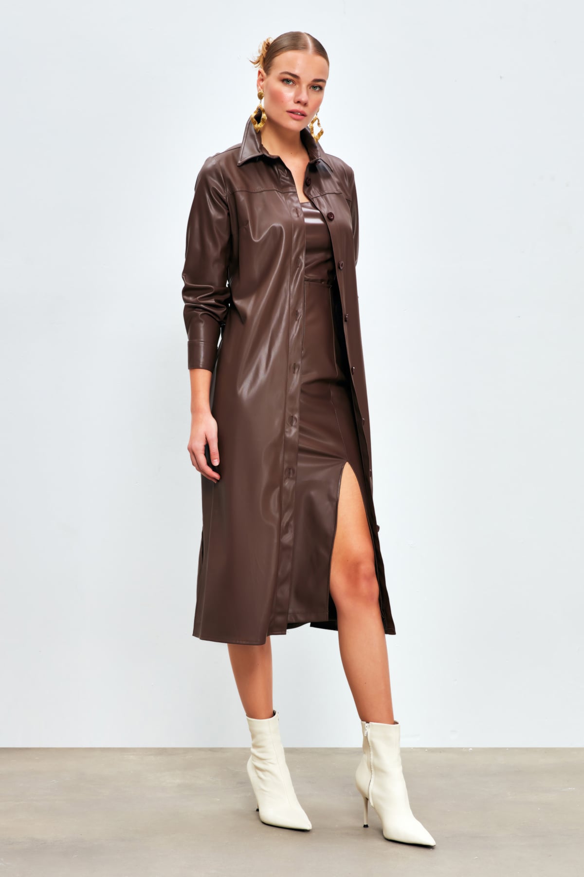 Belted Long Leather Shirt - DARK COFFEE