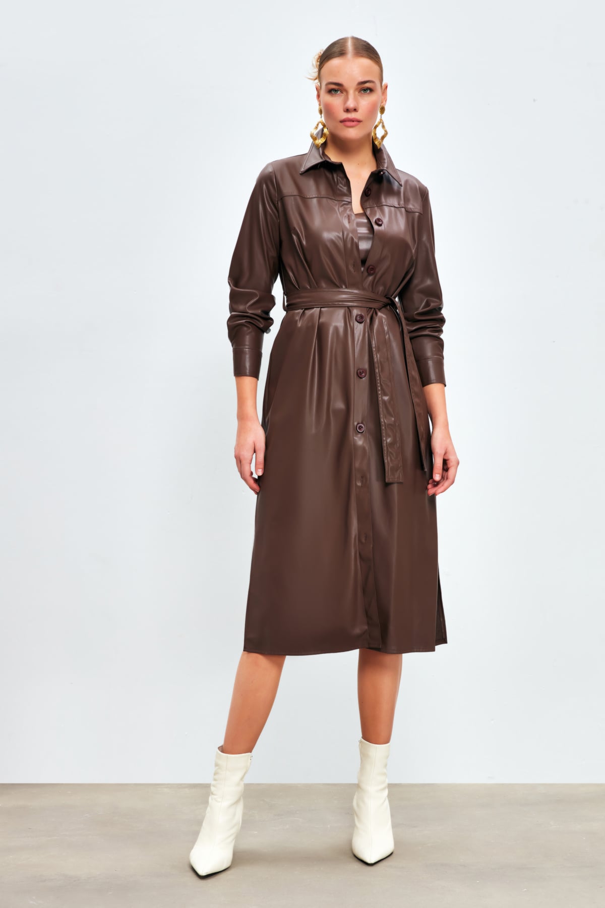 Belted Long Leather Shirt - DARK COFFEE