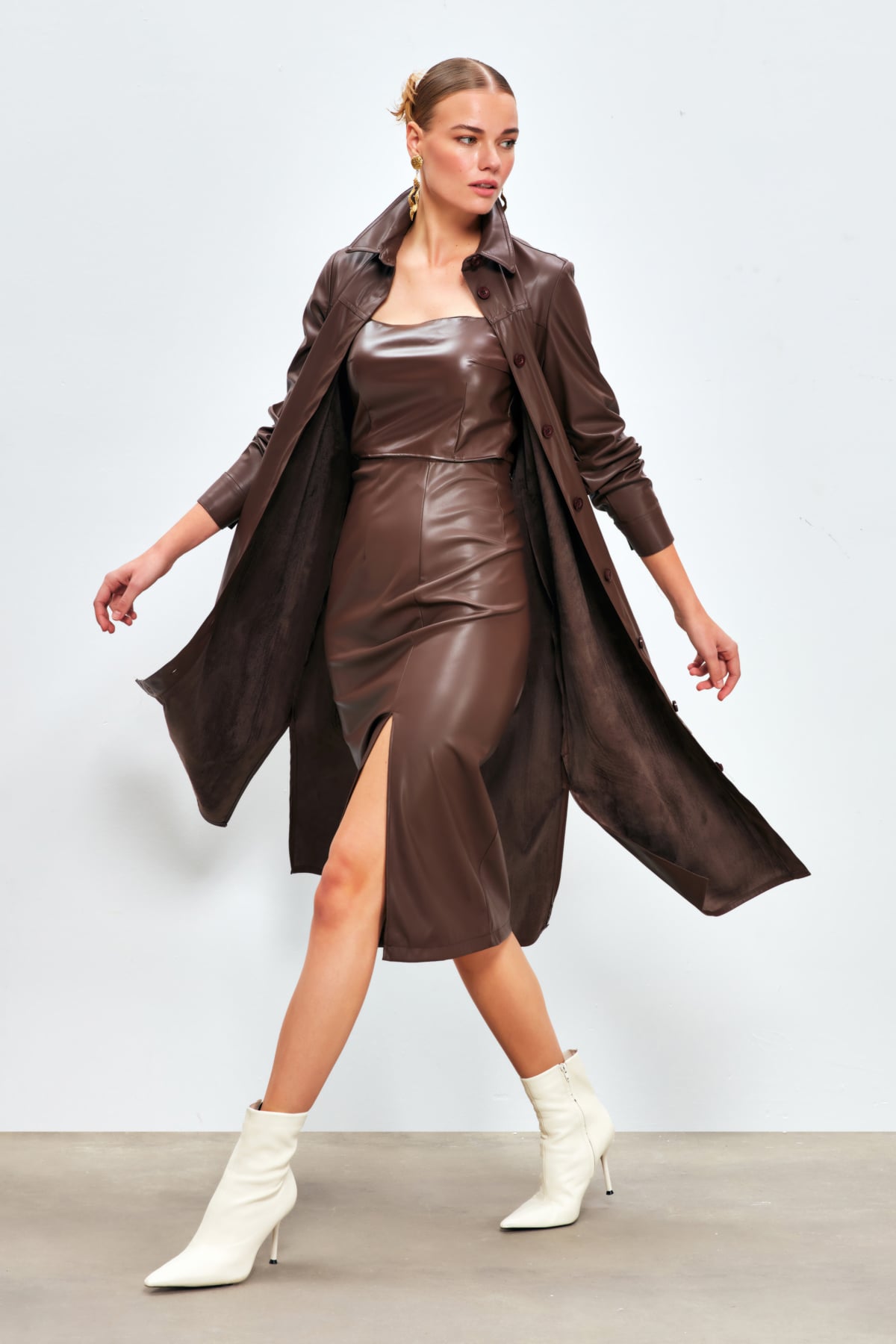 Belted Long Leather Shirt - DARK COFFEE