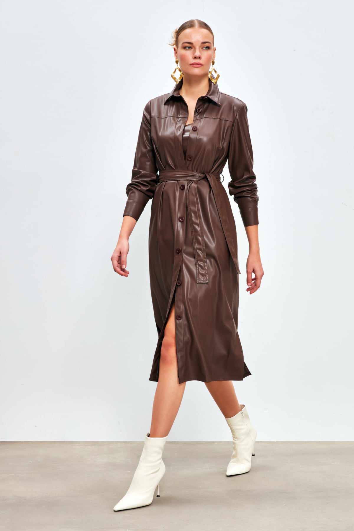 Belted Long Leather Shirt - DARK COFFEE