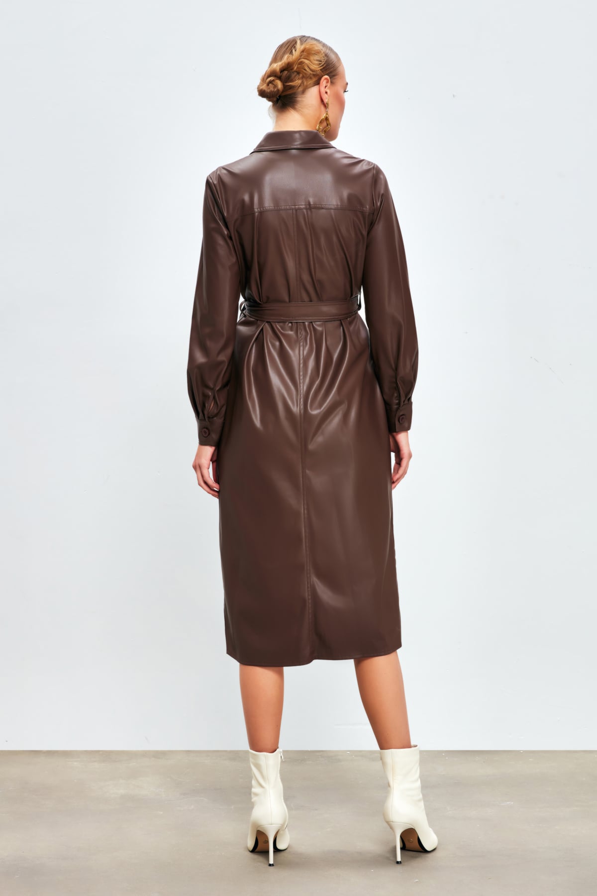 Belted Long Leather Shirt - DARK COFFEE