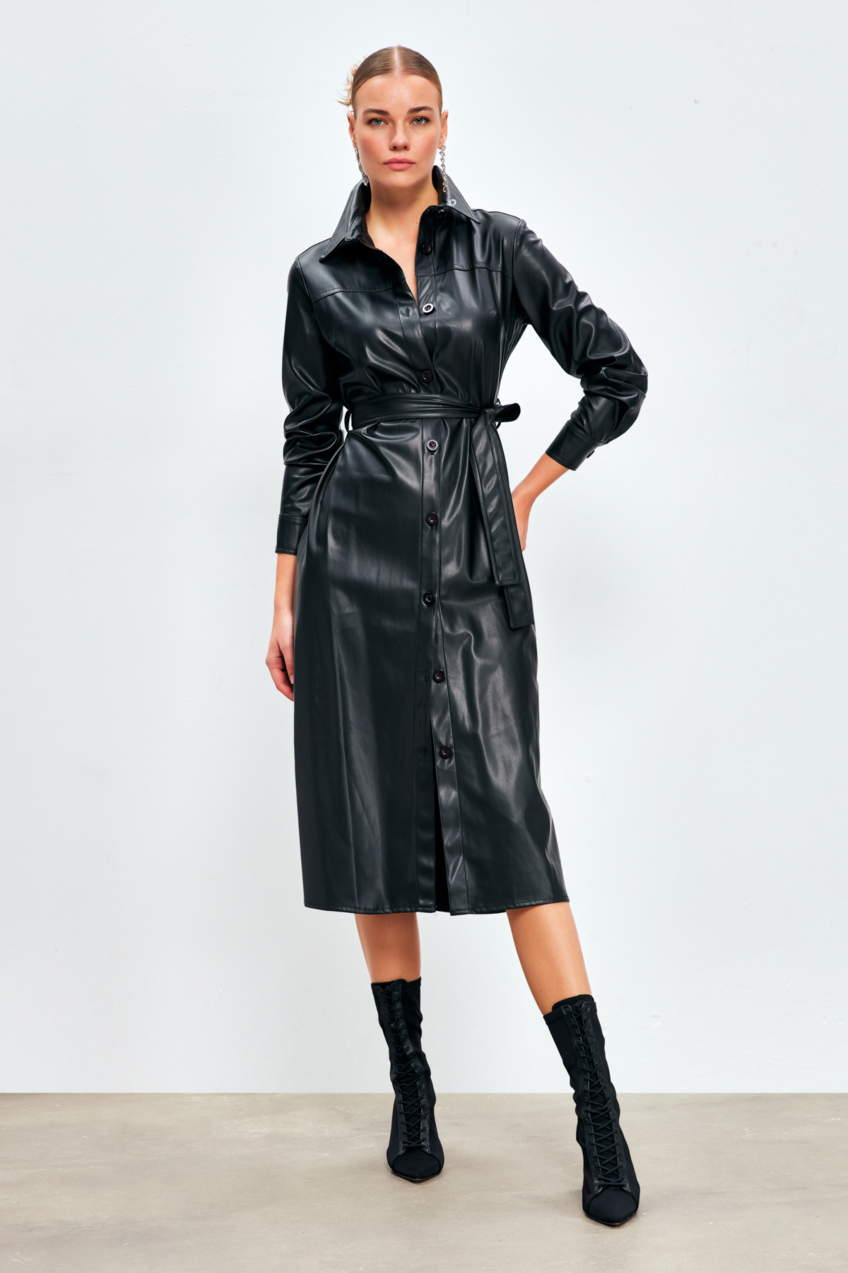 Belted Long Leather Shirt - BLACK