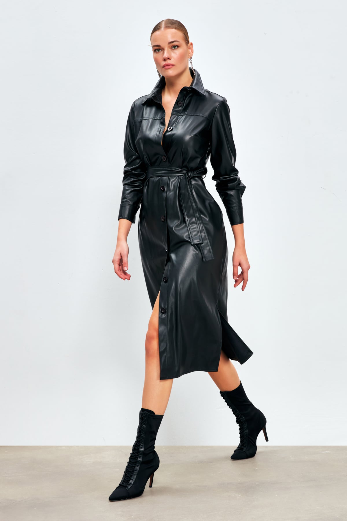 Belted Long Leather Shirt - BLACK