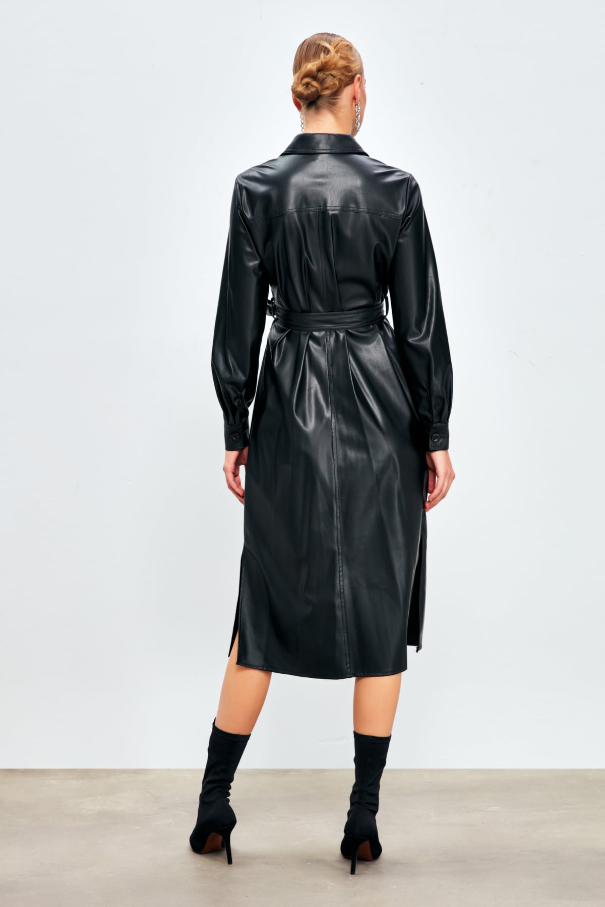Belted Long Leather Shirt - BLACK