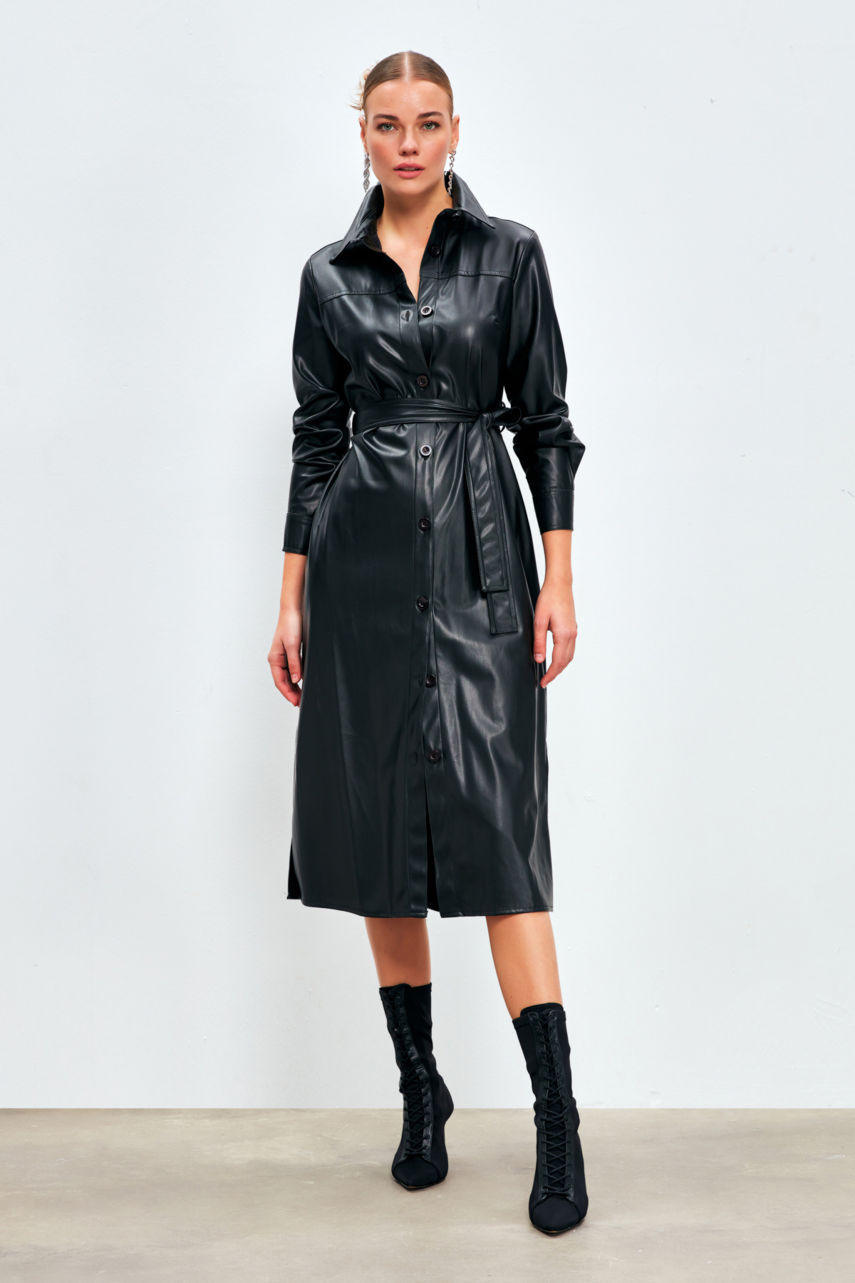 Belted Long Leather Shirt - BLACK