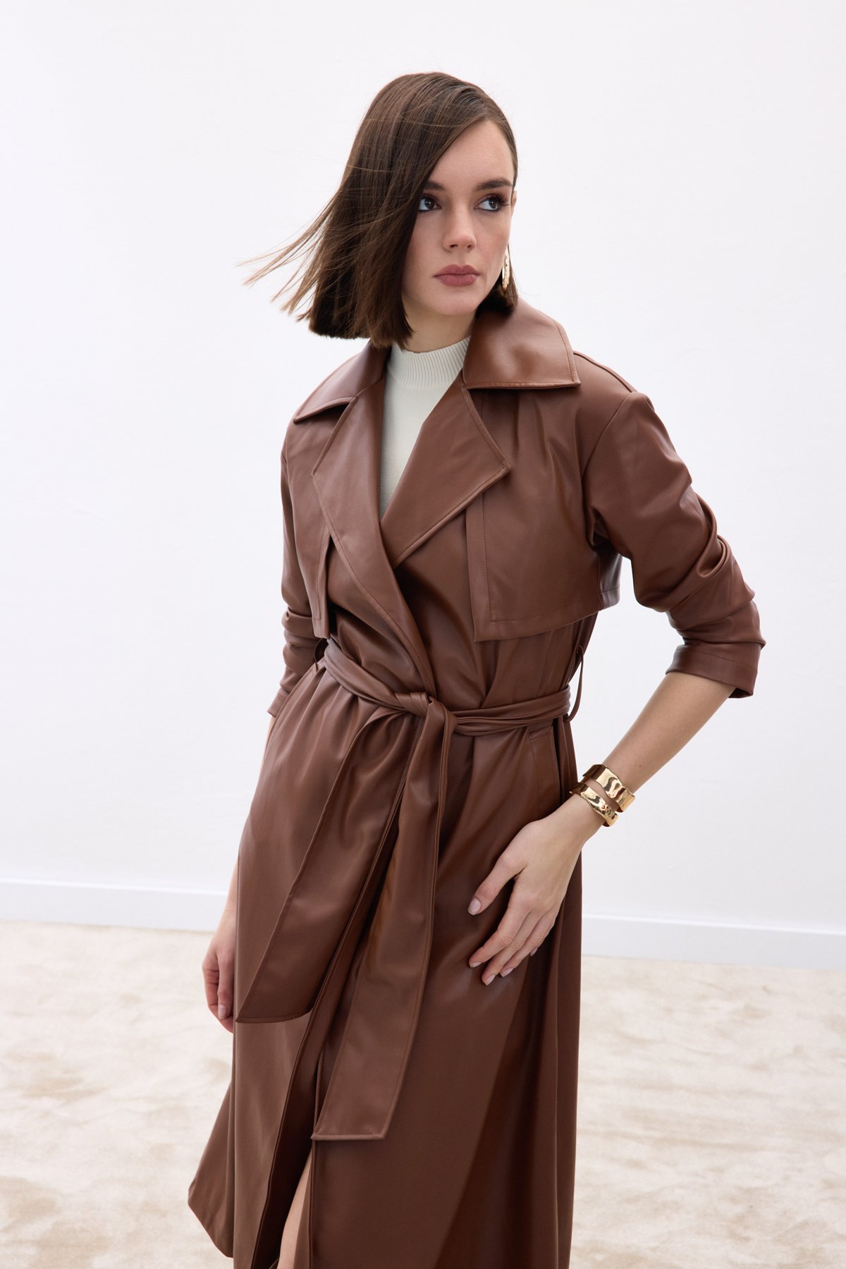 Belted Long Leather Trench - Brown