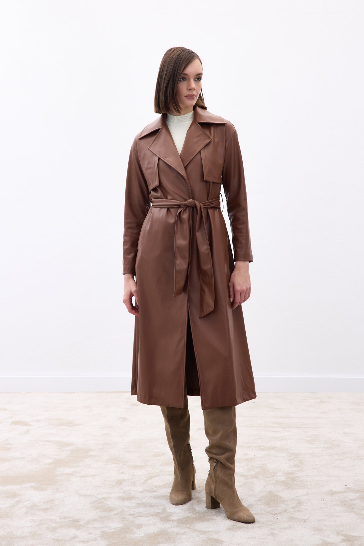 Belted Long Leather Trench - Brown