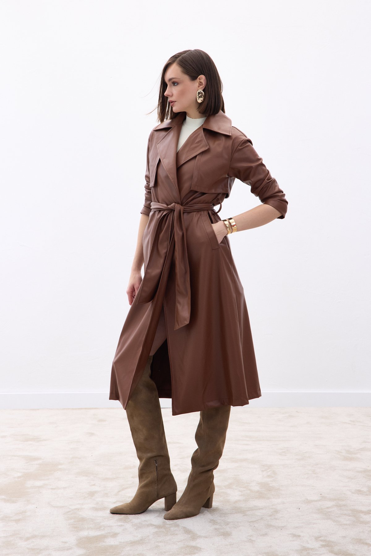 Belted Long Leather Trench - Brown