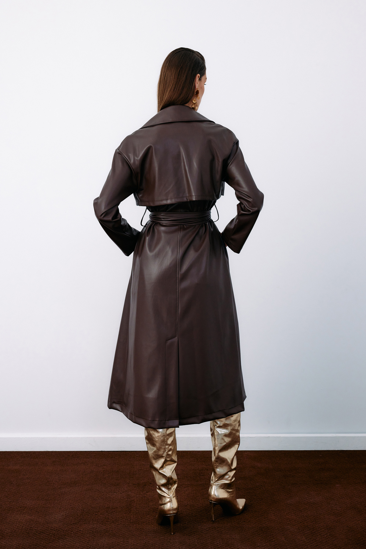 Belted Long Leather Trench - DARK COFFEE