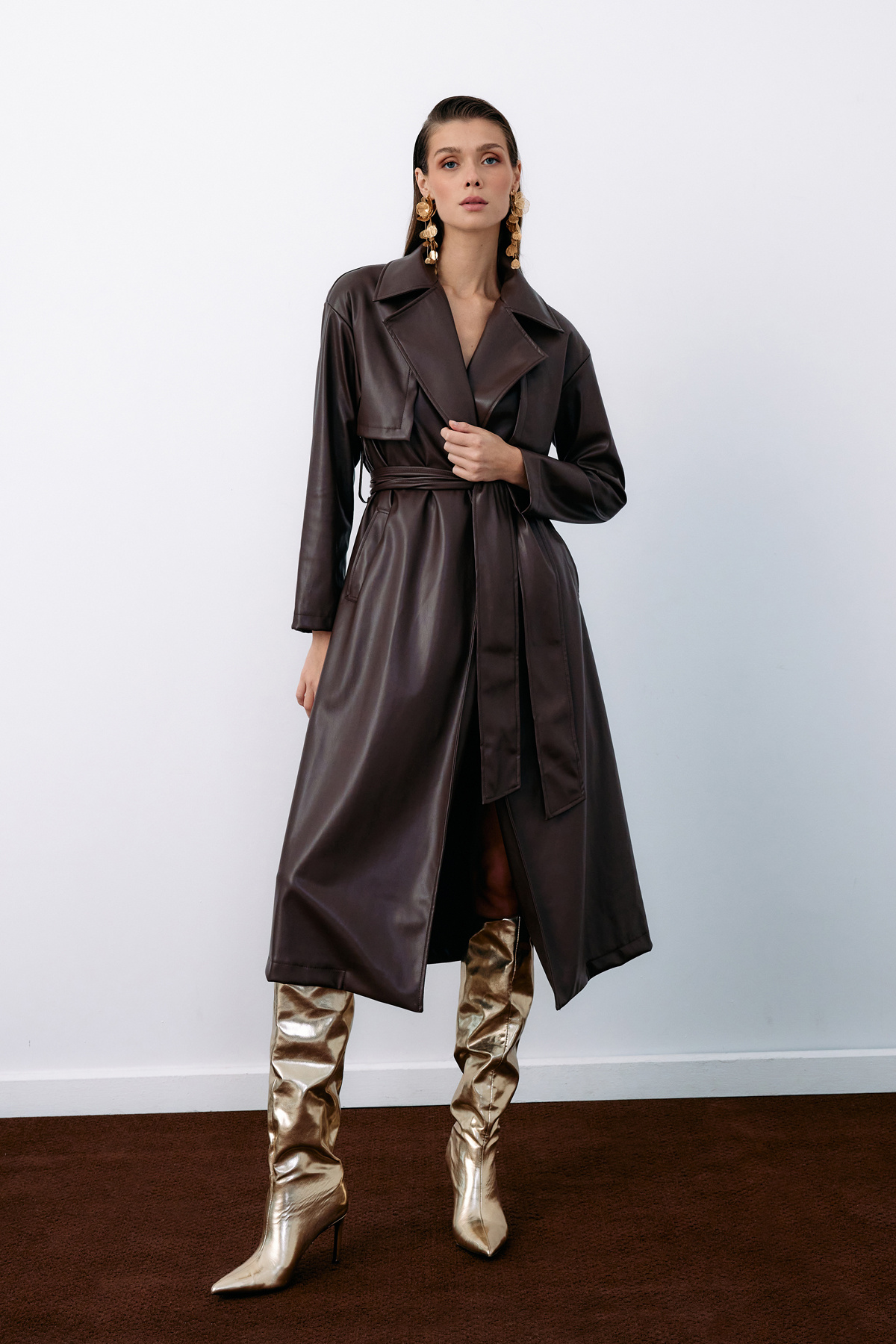 Belted Long Leather Trench - DARK COFFEE