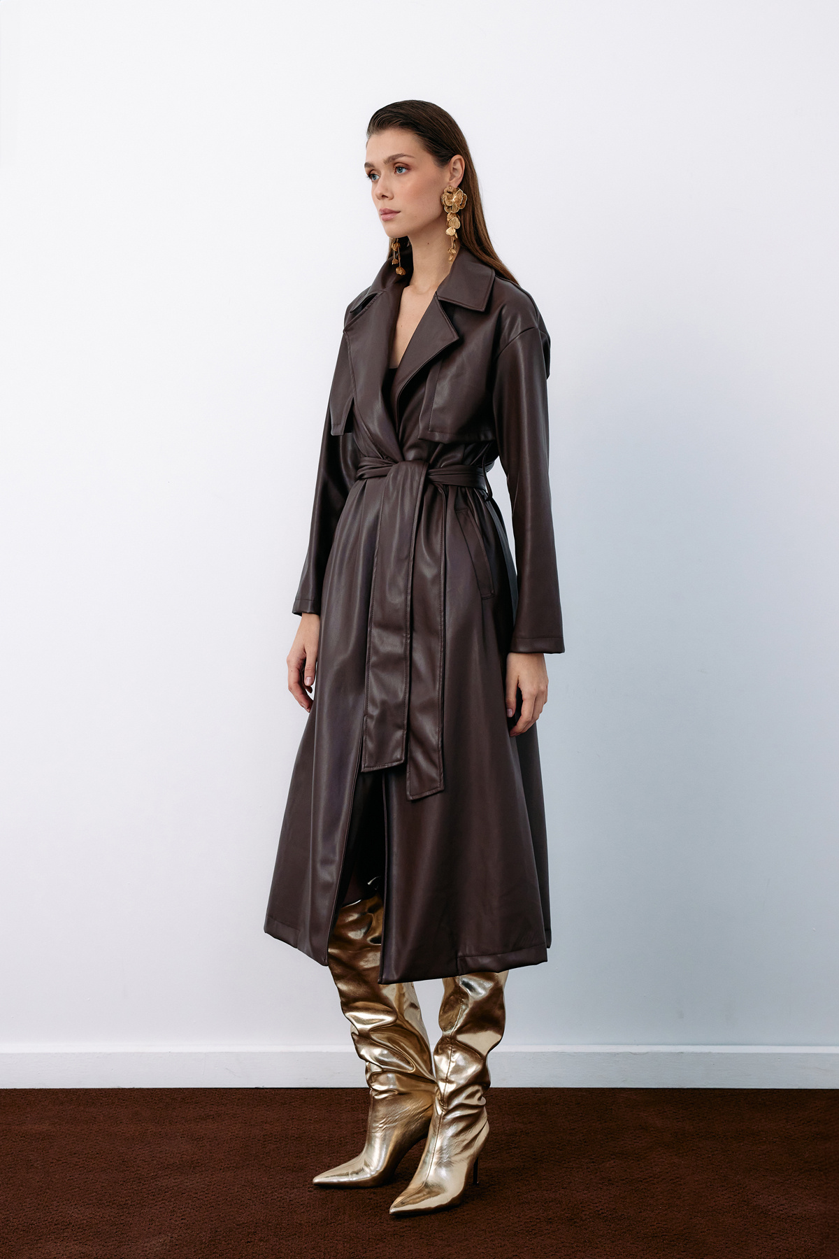 Belted Long Leather Trench - DARK COFFEE