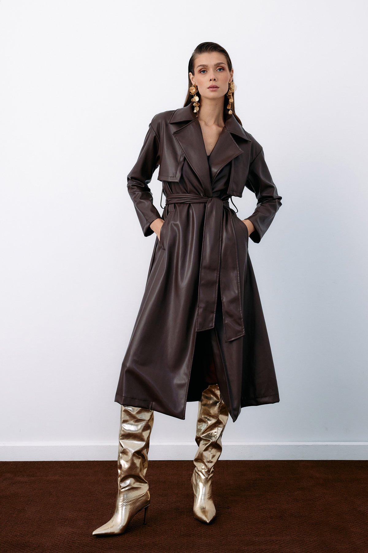 Belted Long Leather Trench - DARK COFFEE