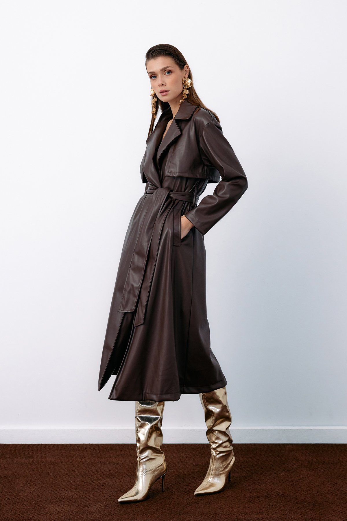 Belted Long Leather Trench - DARK COFFEE