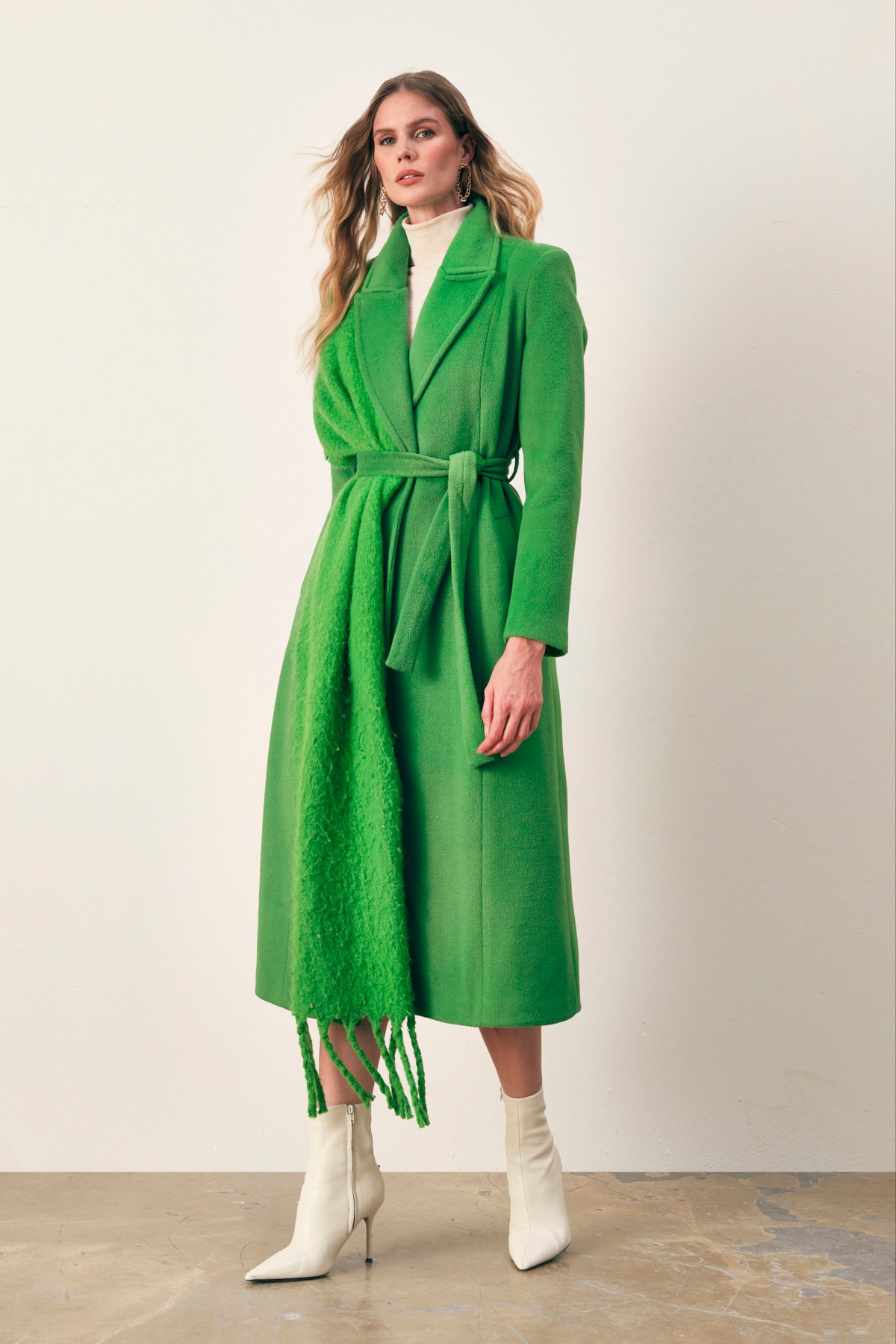 Belted Long Coat - GREEN