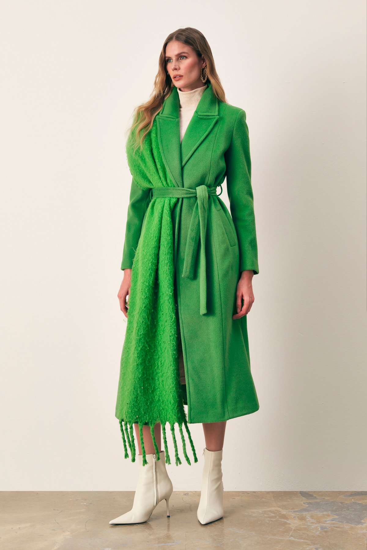 Belted Long Coat - GREEN