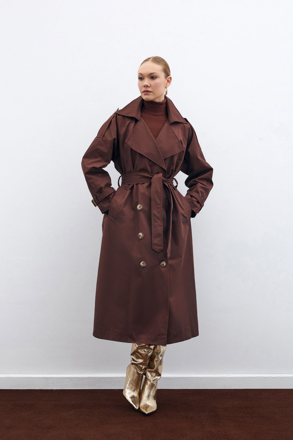 Belted Long Trench Coat - Brown