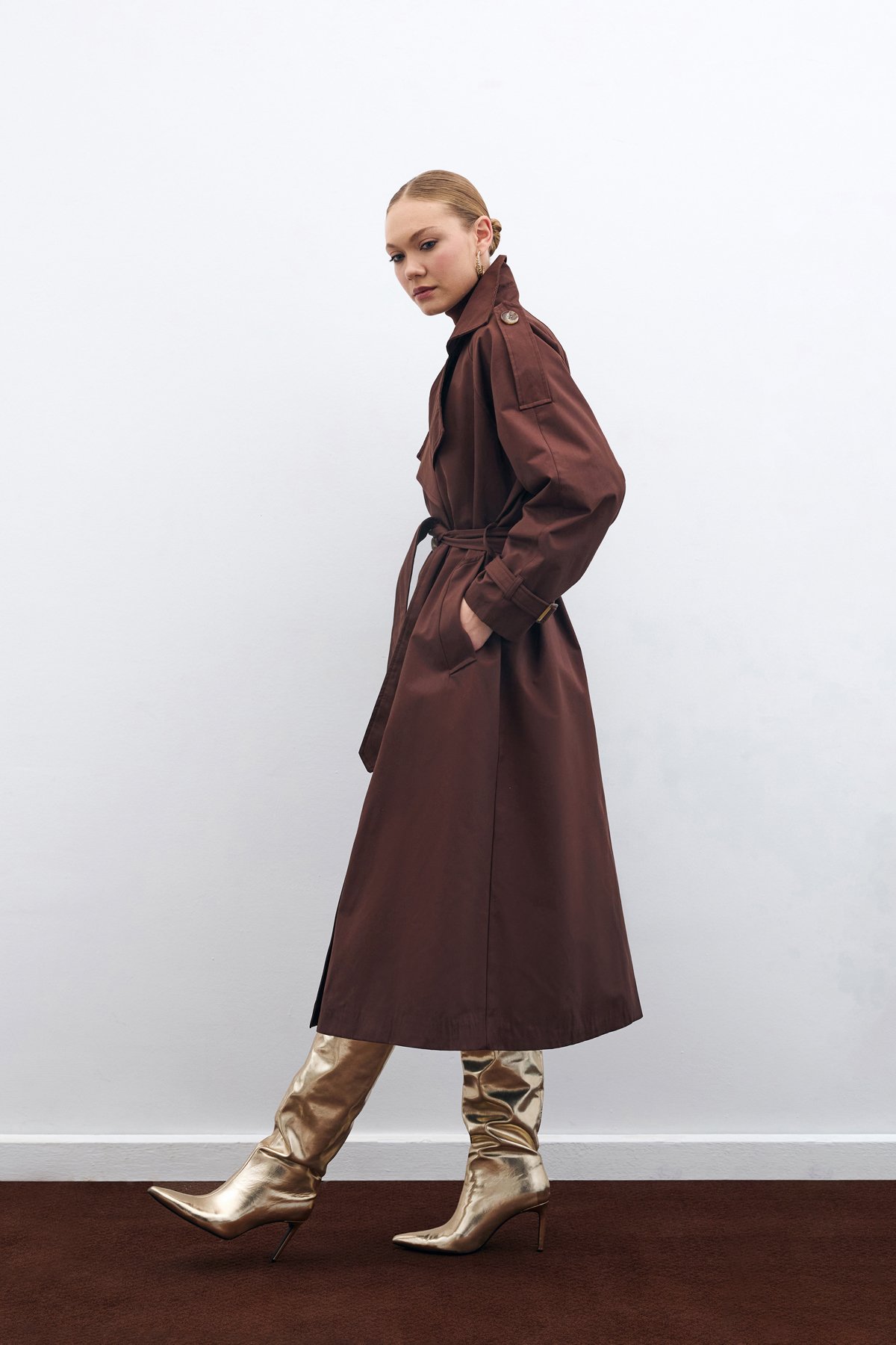 Belted Long Trench Coat - Brown