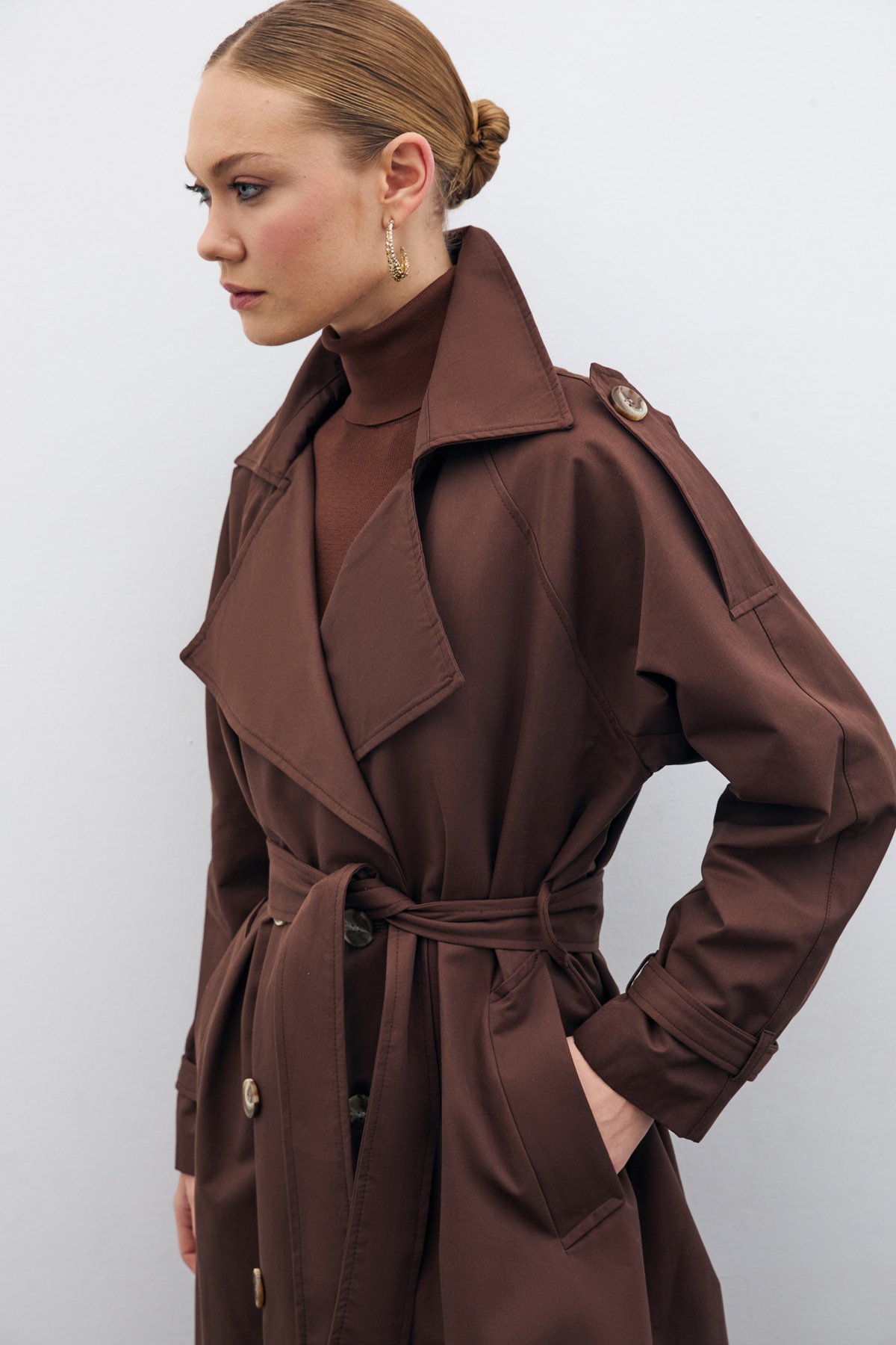 Belted Long Trench Coat - Brown