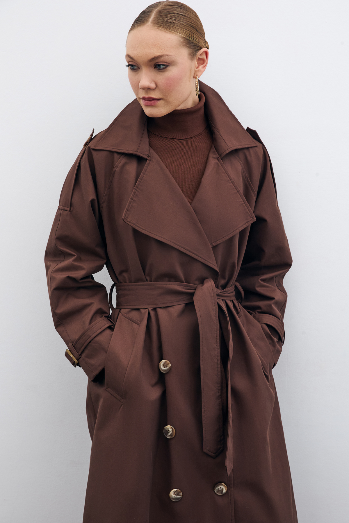 Belted Long Trench Coat - Brown