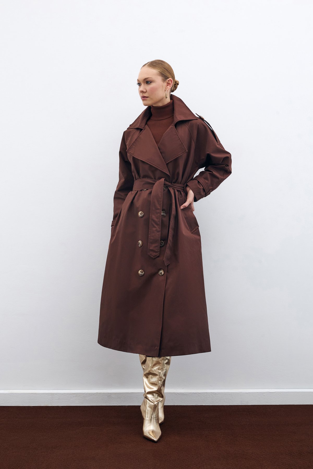 Belted Long Trench Coat - Brown