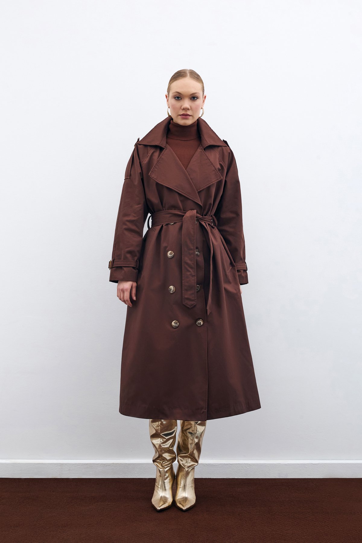 Belted Long Trench Coat - Brown