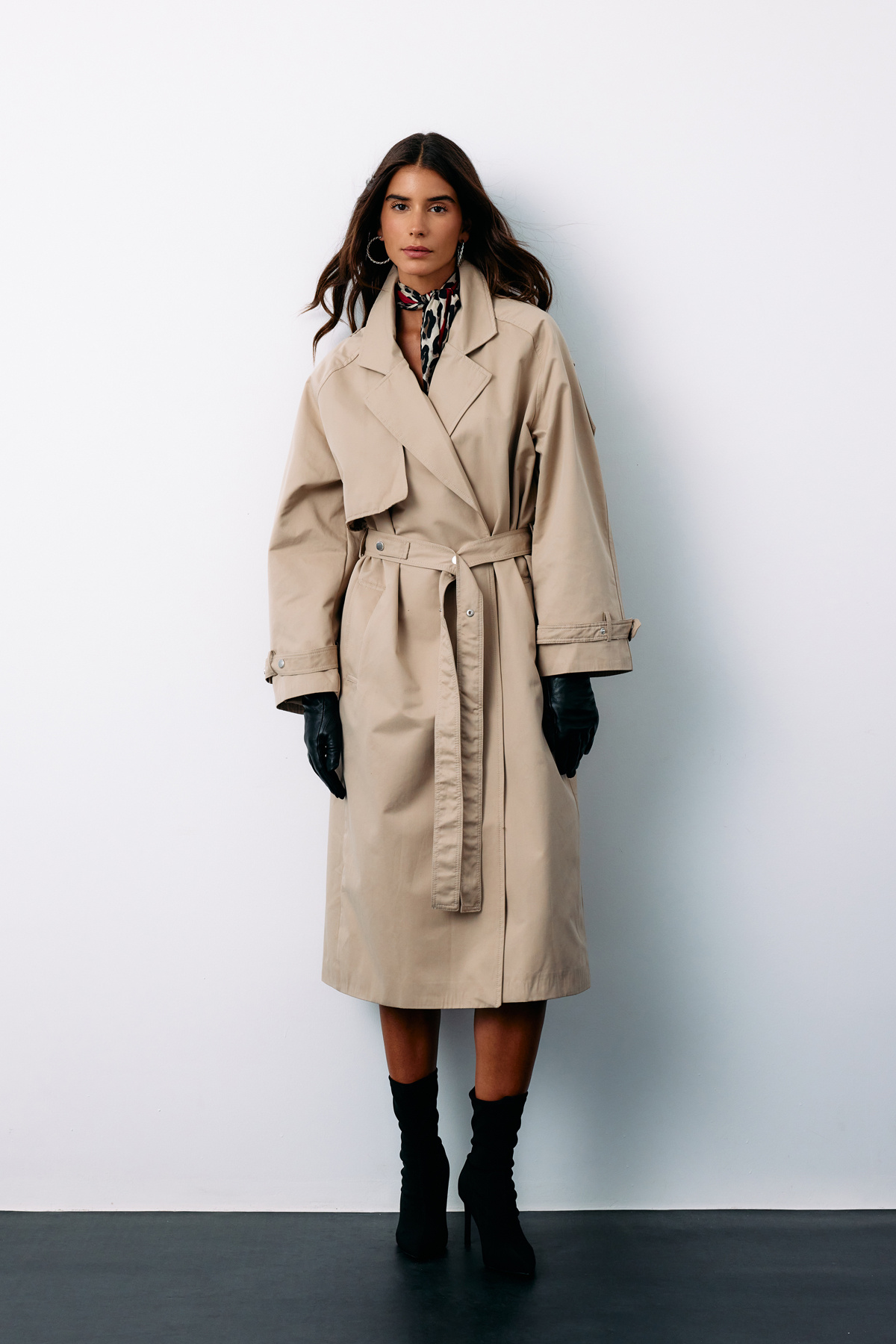 Belted Long Trench Coat - BEIGE
