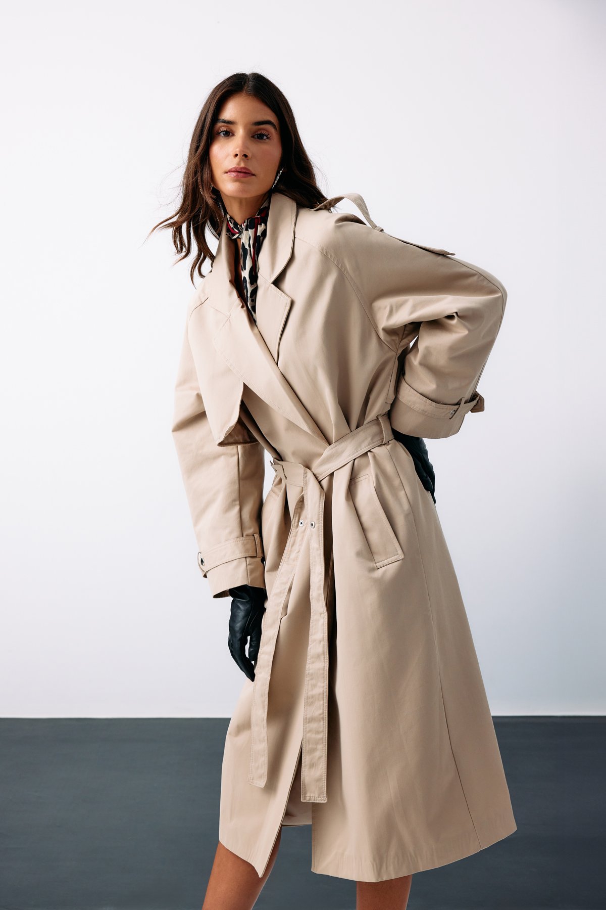 Kuşaklı Uzun Trençkot - BEJ