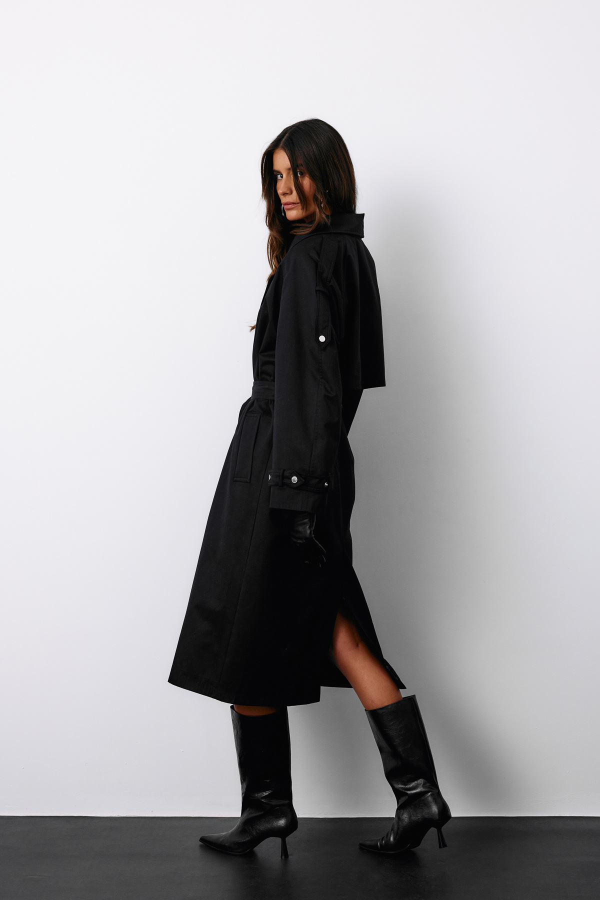 Belted Long Trench Coat - BLACK