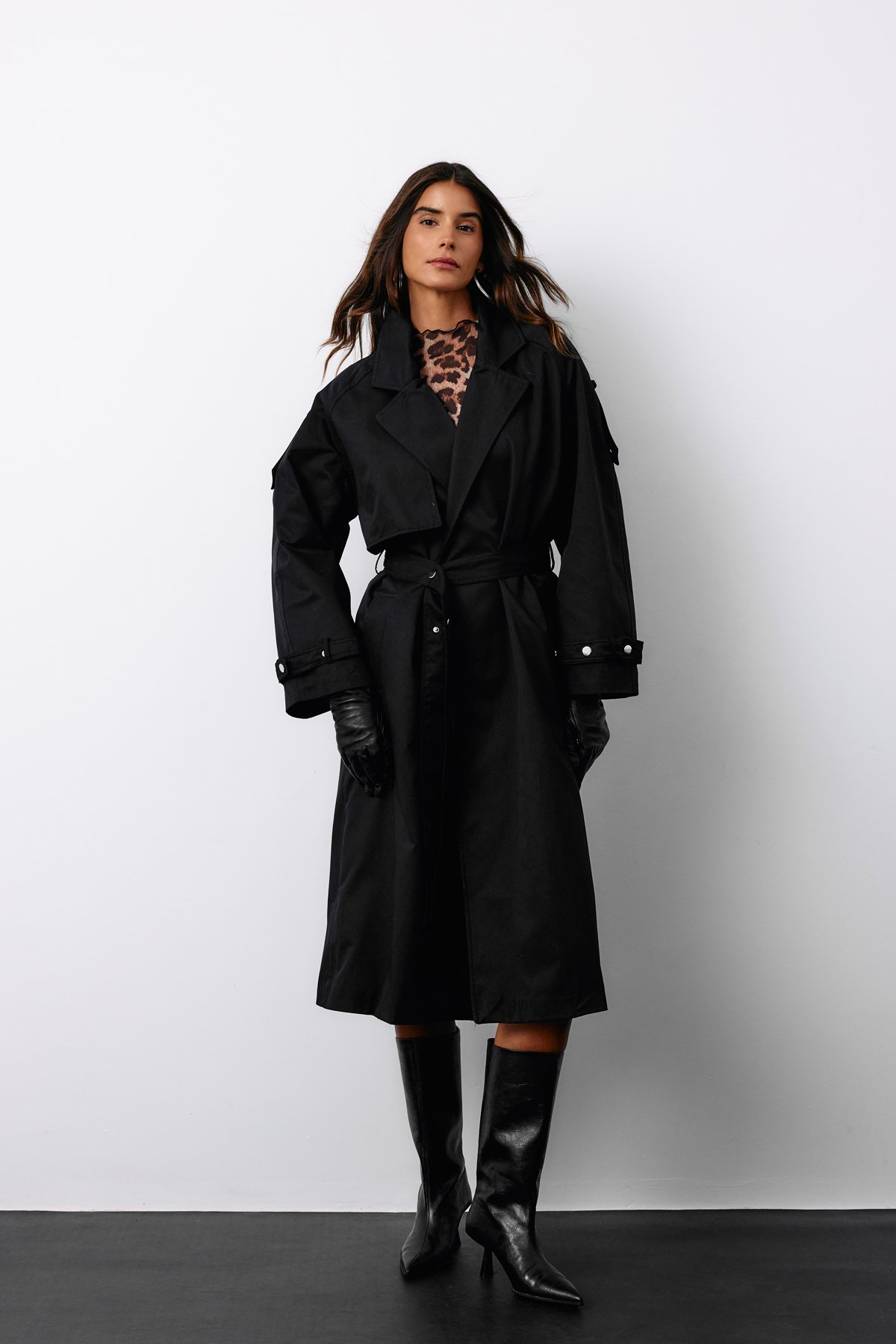 Belted Long Trench Coat - BLACK