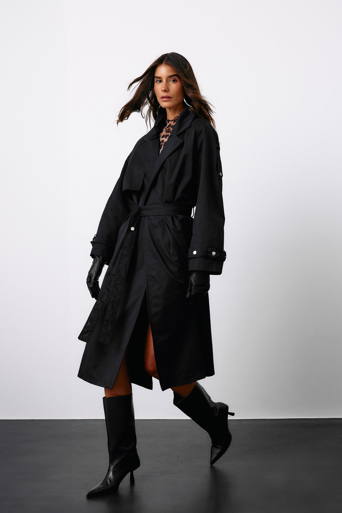 Belted Long Trench Coat - BLACK