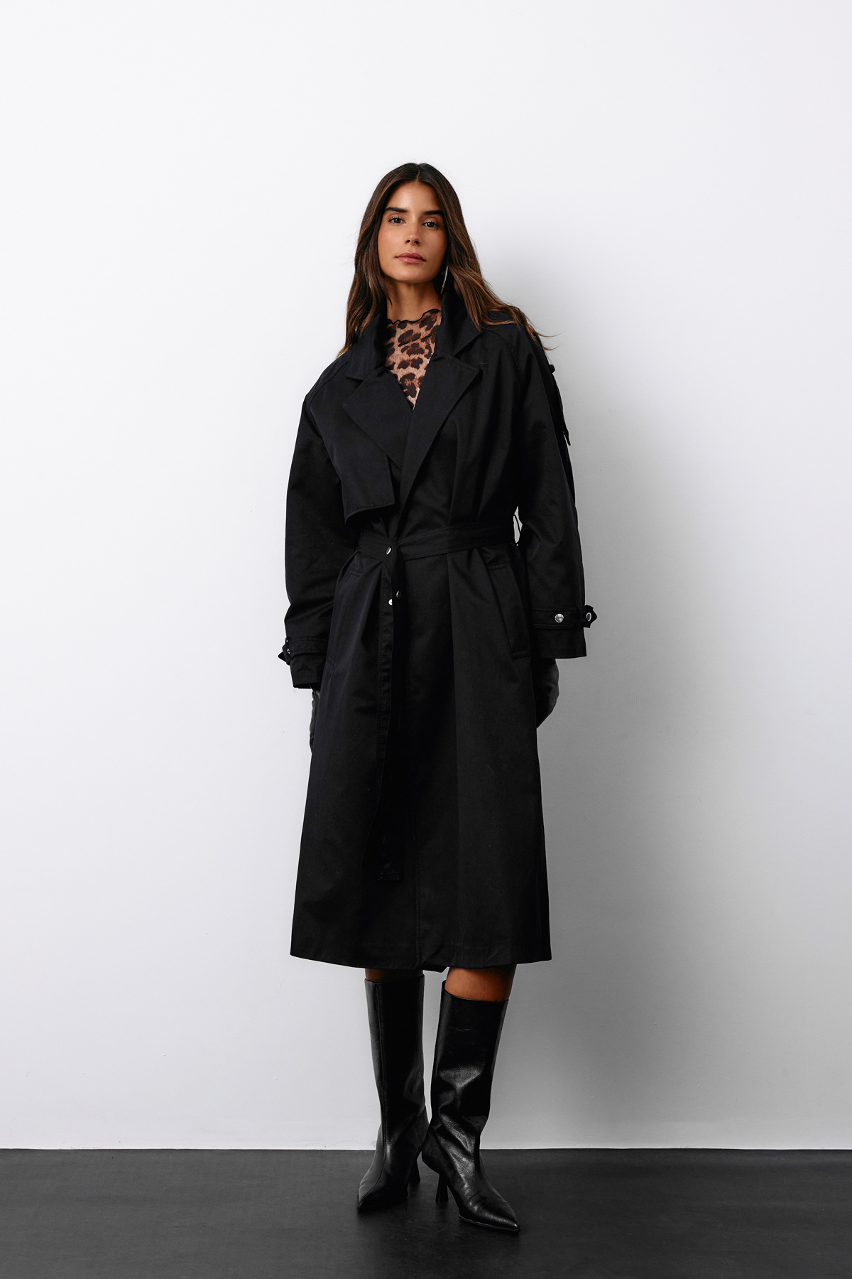 Belted Long Trench Coat - BLACK
