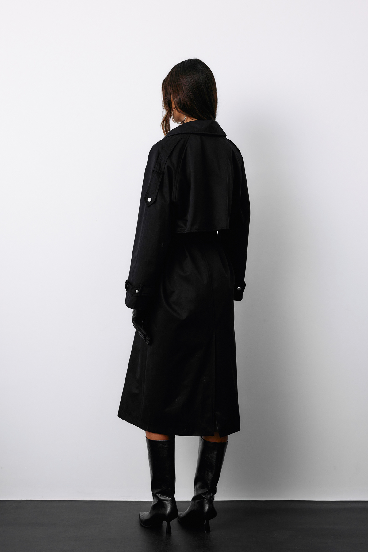 Belted Long Trench Coat - BLACK