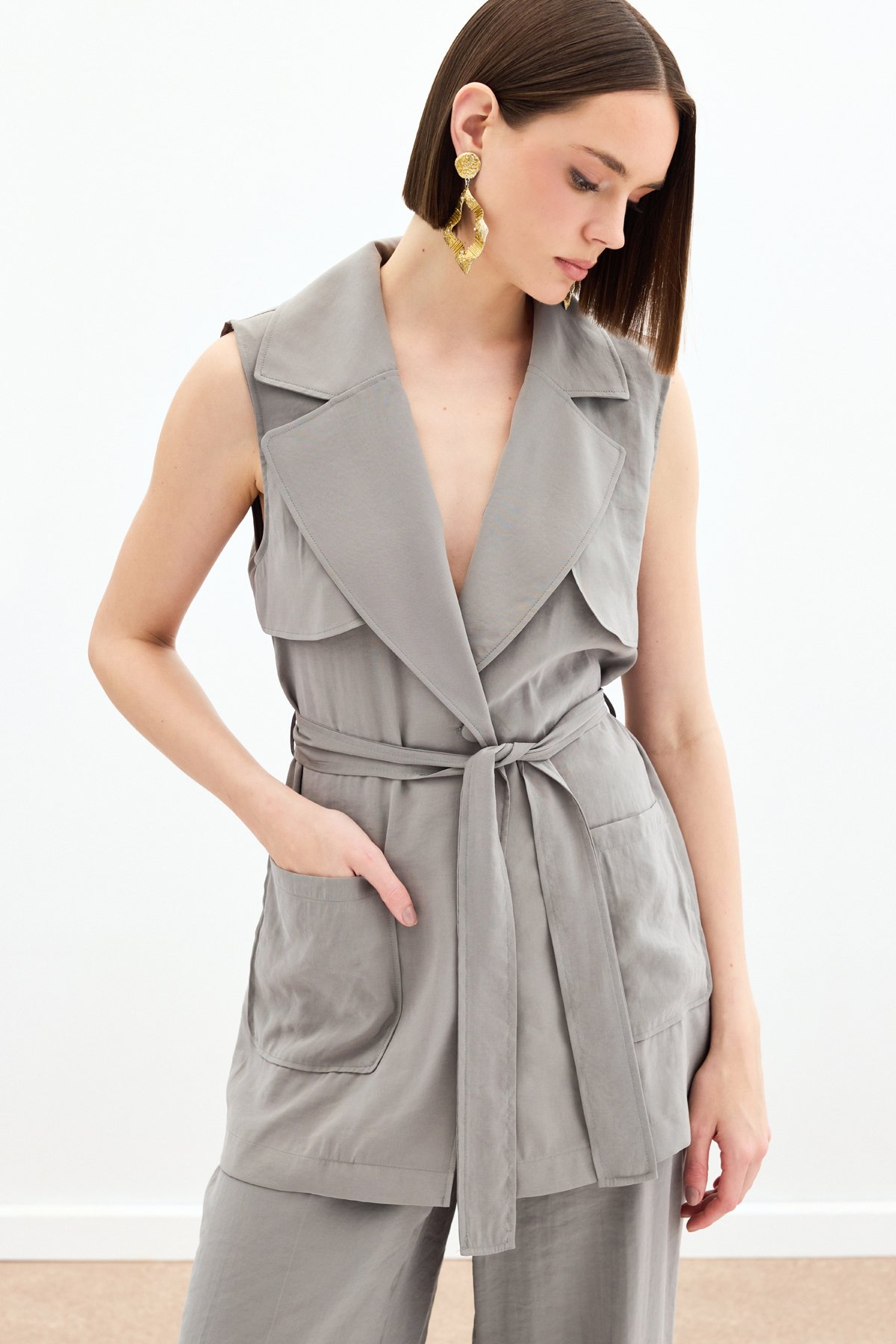 Kuşaklı Uzun Yelek - Haki