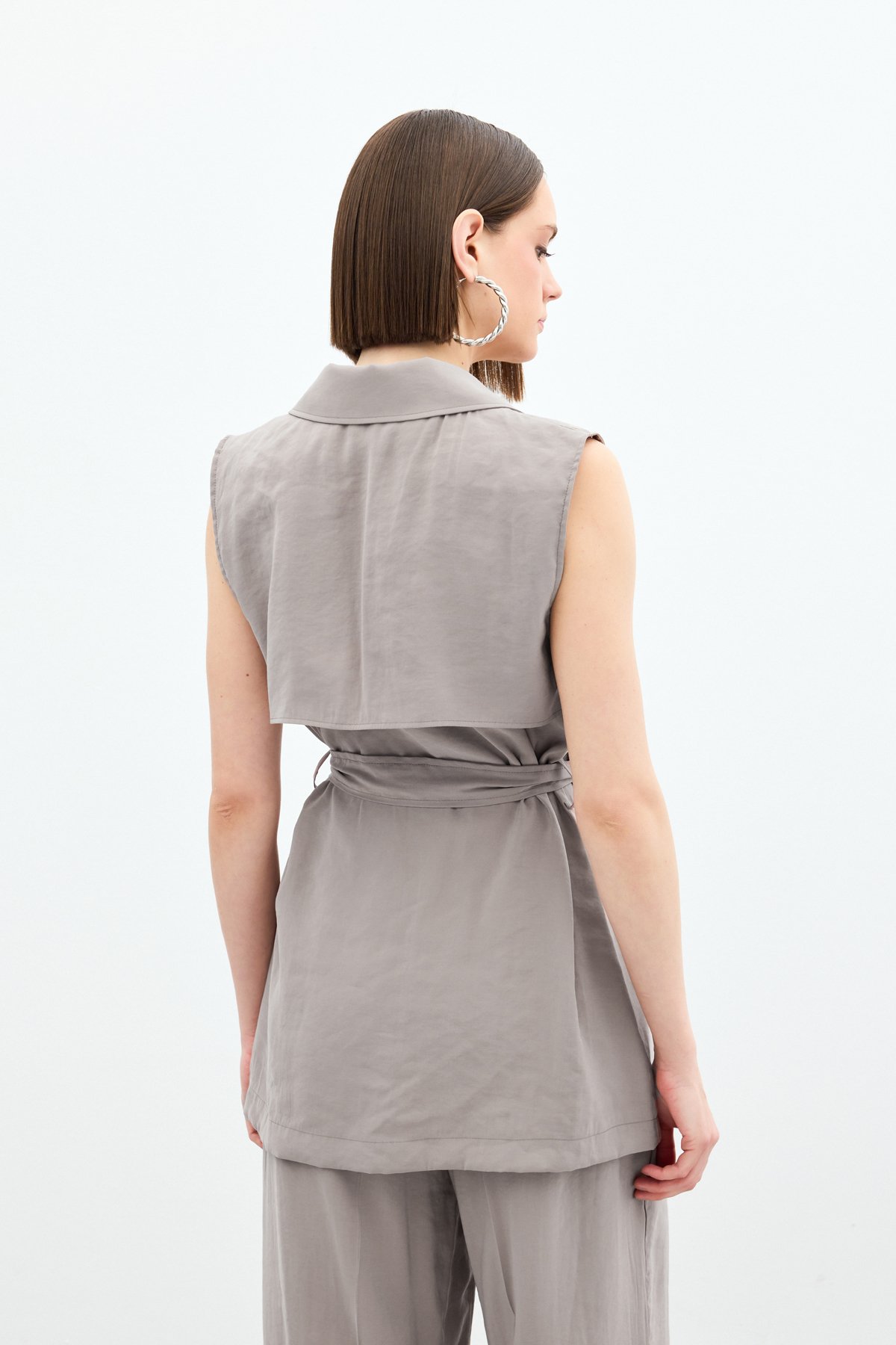 Kuşaklı Uzun Yelek - Haki