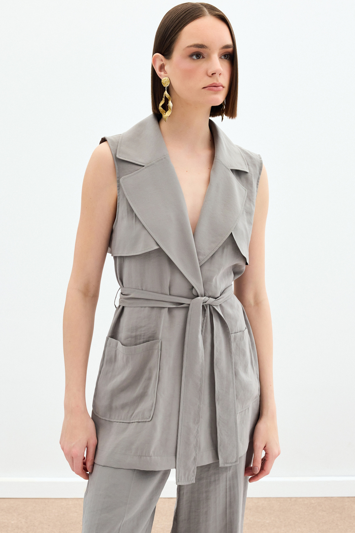 Kuşaklı Uzun Yelek - Haki