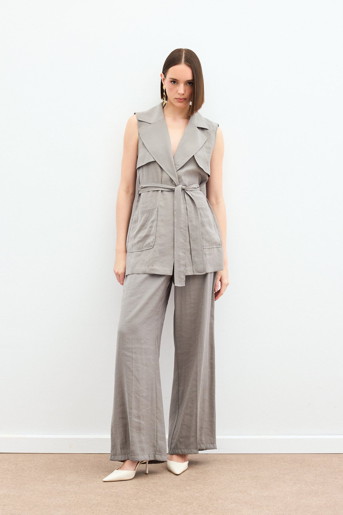 Kuşaklı Uzun Yelek - Haki