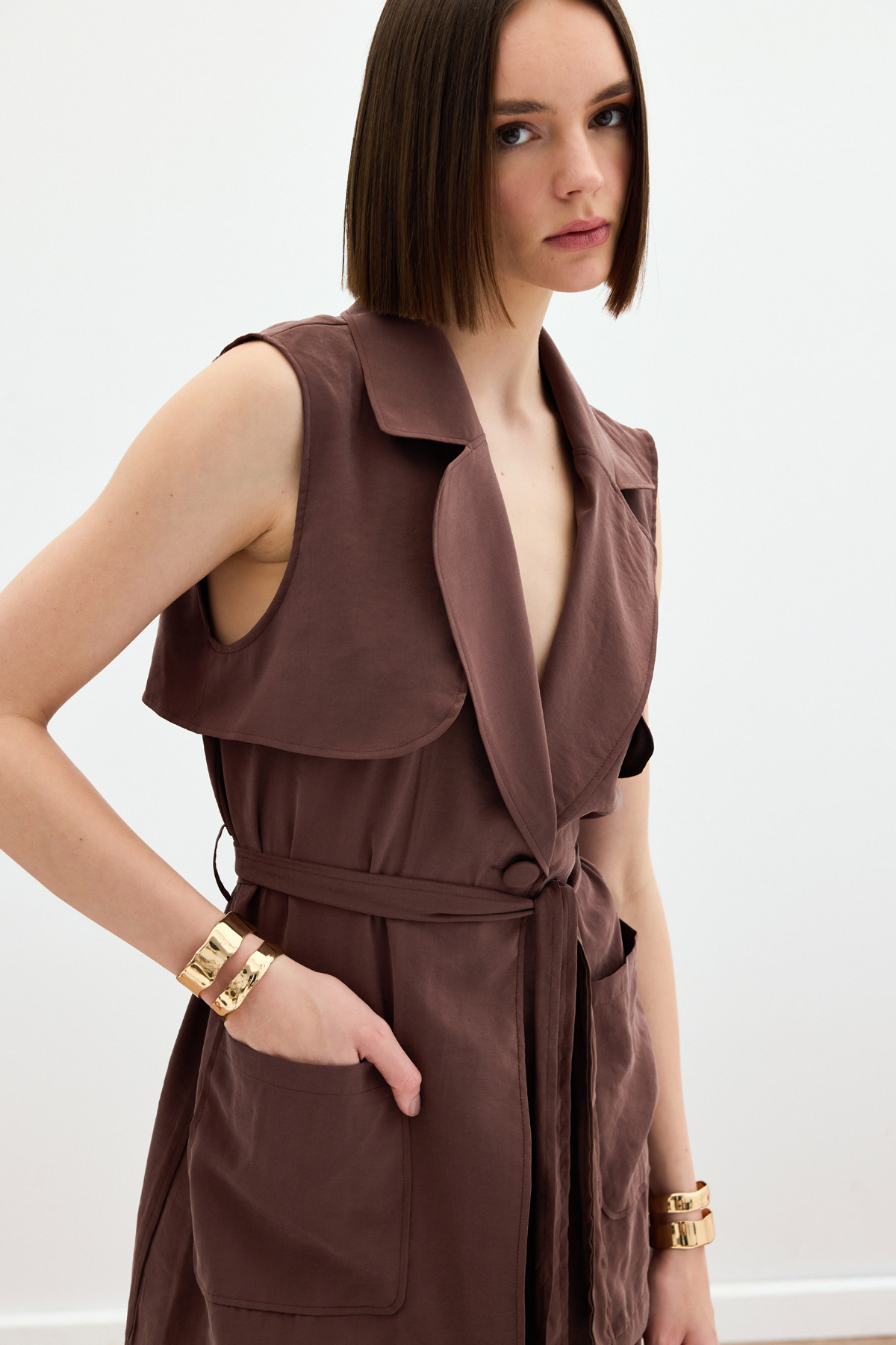 Kuşaklı Uzun Yelek - Kahve