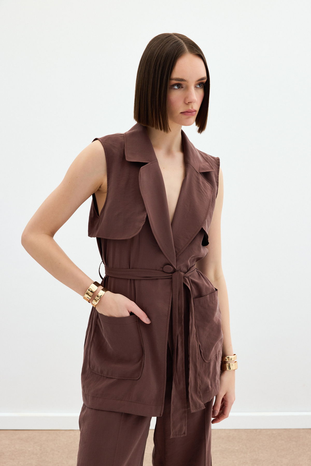 Kuşaklı Uzun Yelek - Kahve