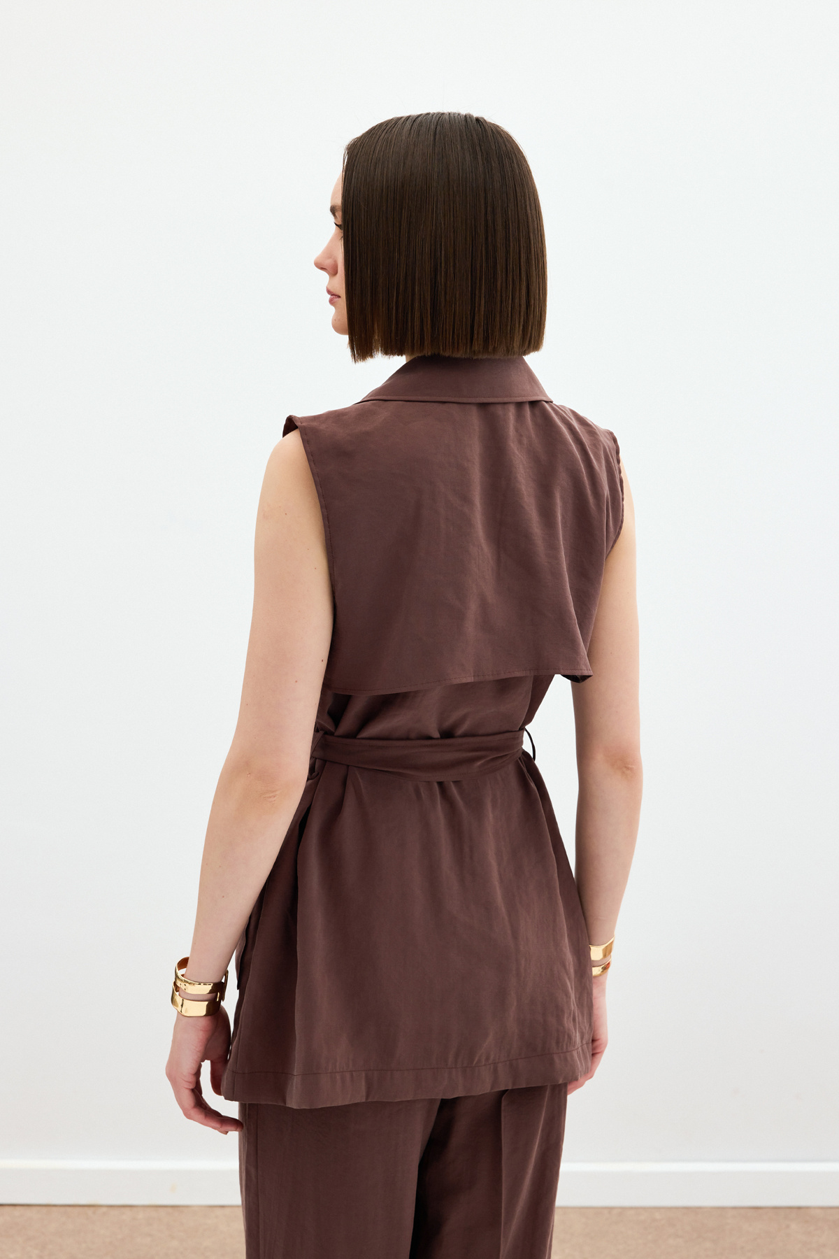 Kuşaklı Uzun Yelek - Kahve