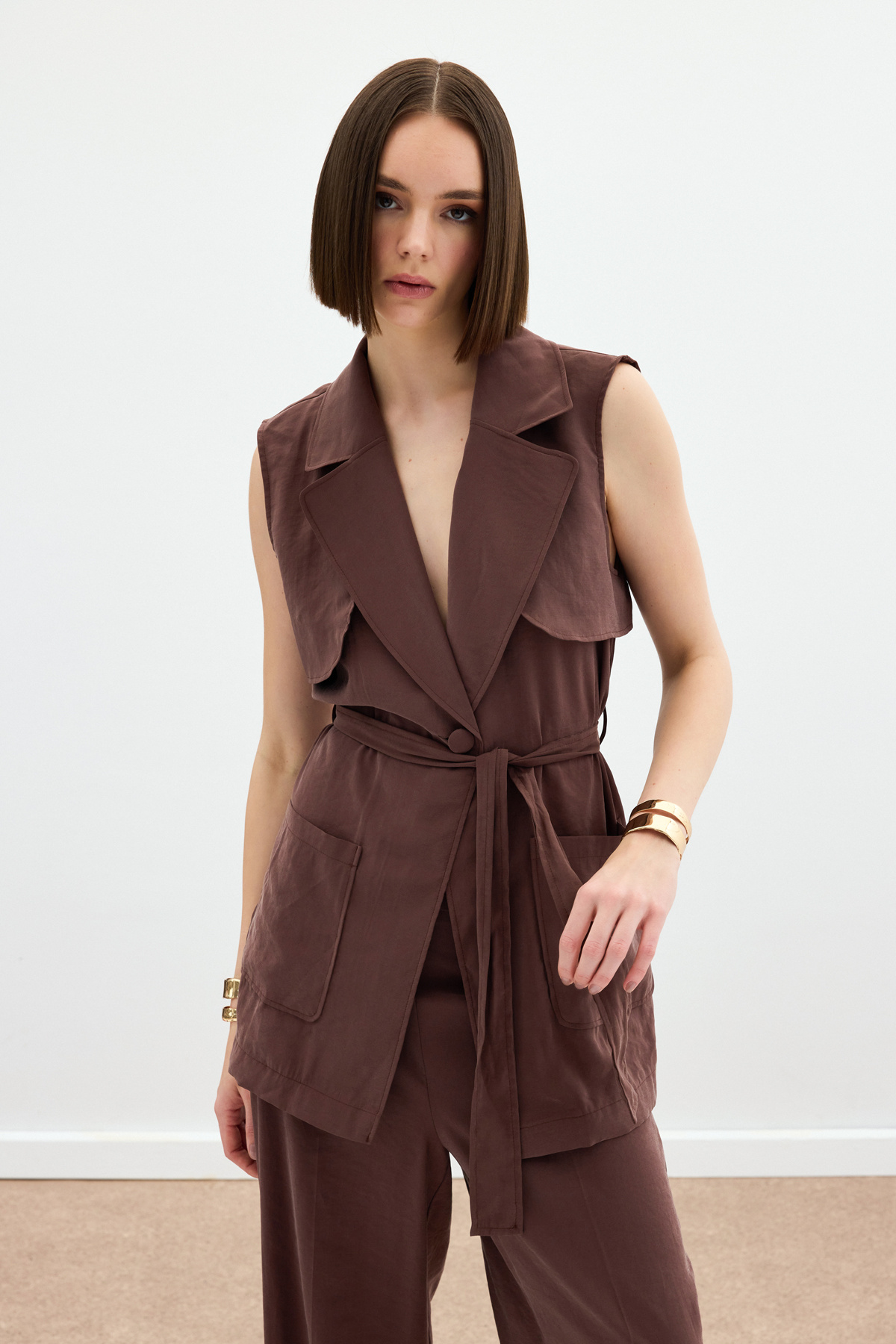 Kuşaklı Uzun Yelek - Kahve