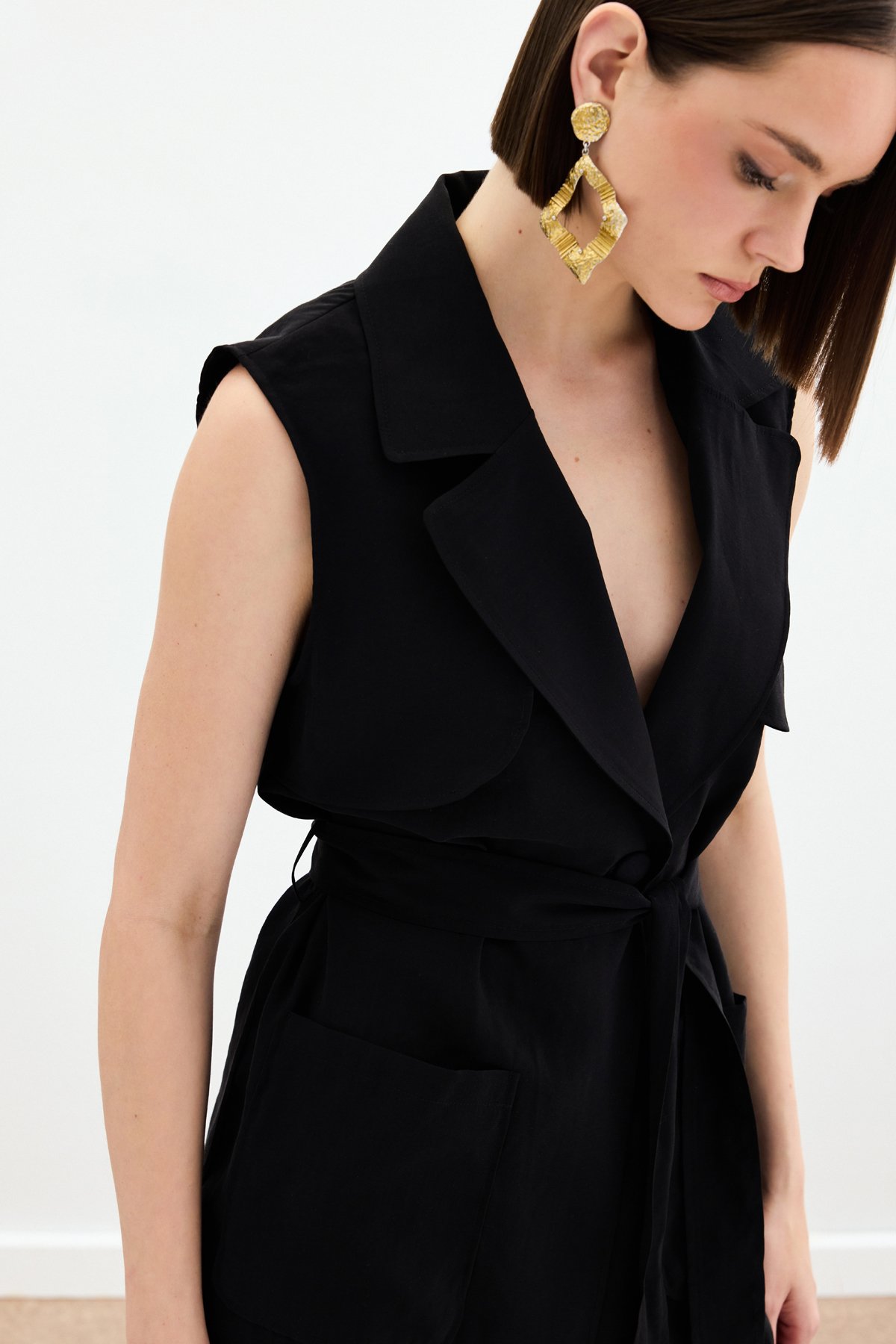 Kuşaklı Uzun Yelek - Siyah