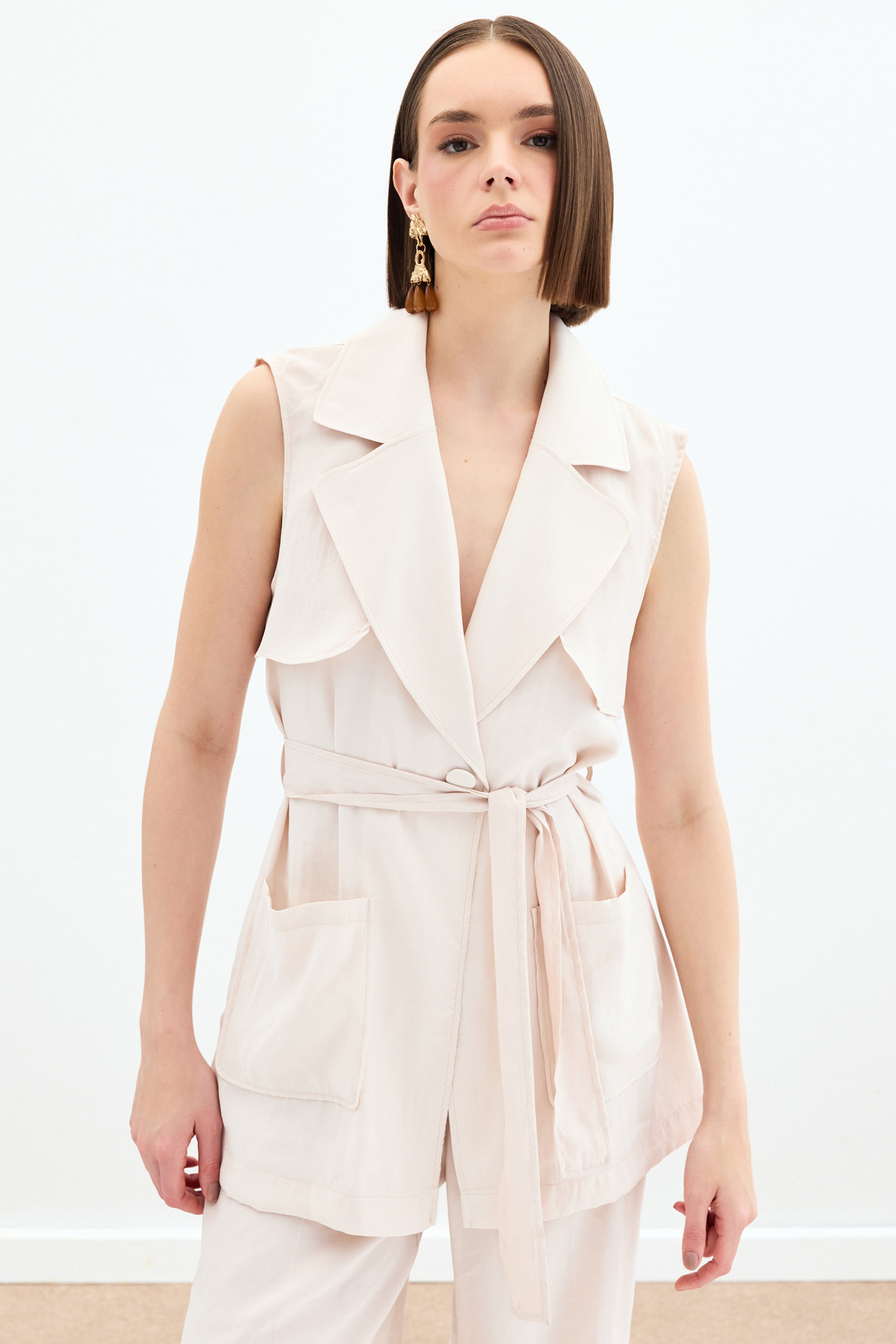 Kuşaklı Uzun Yelek - Taş