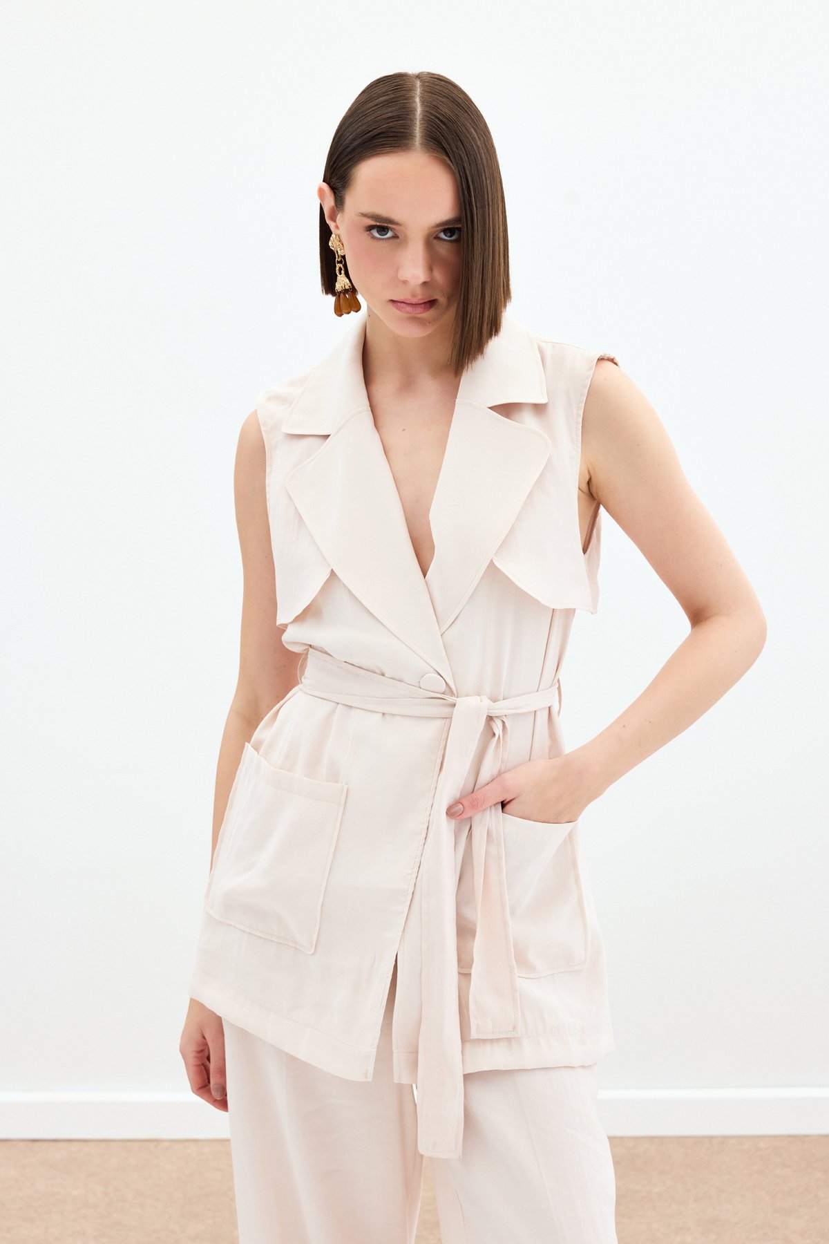 Kuşaklı Uzun Yelek - Taş