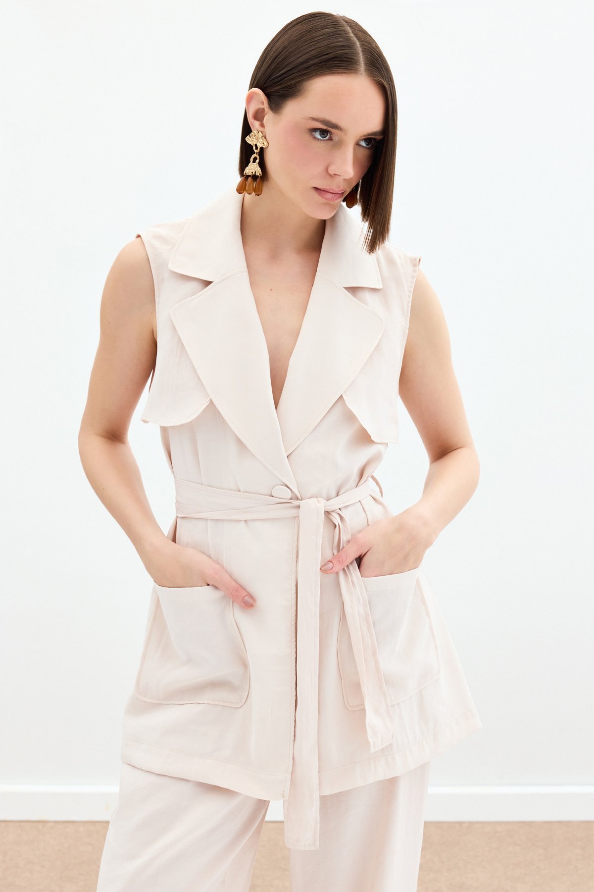 Kuşaklı Uzun Yelek - Taş