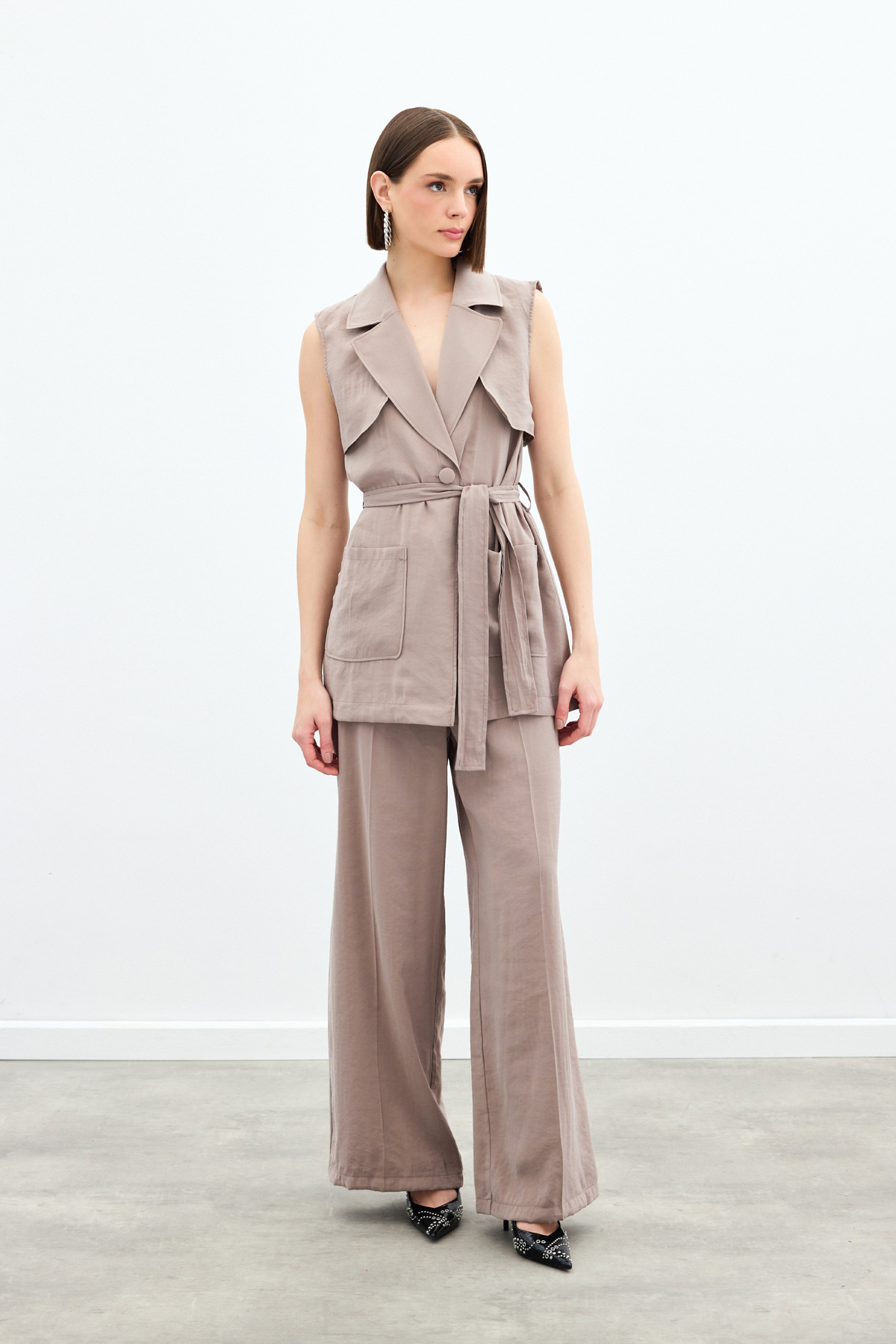 Kuşaklı Uzun Yelek - Vizon