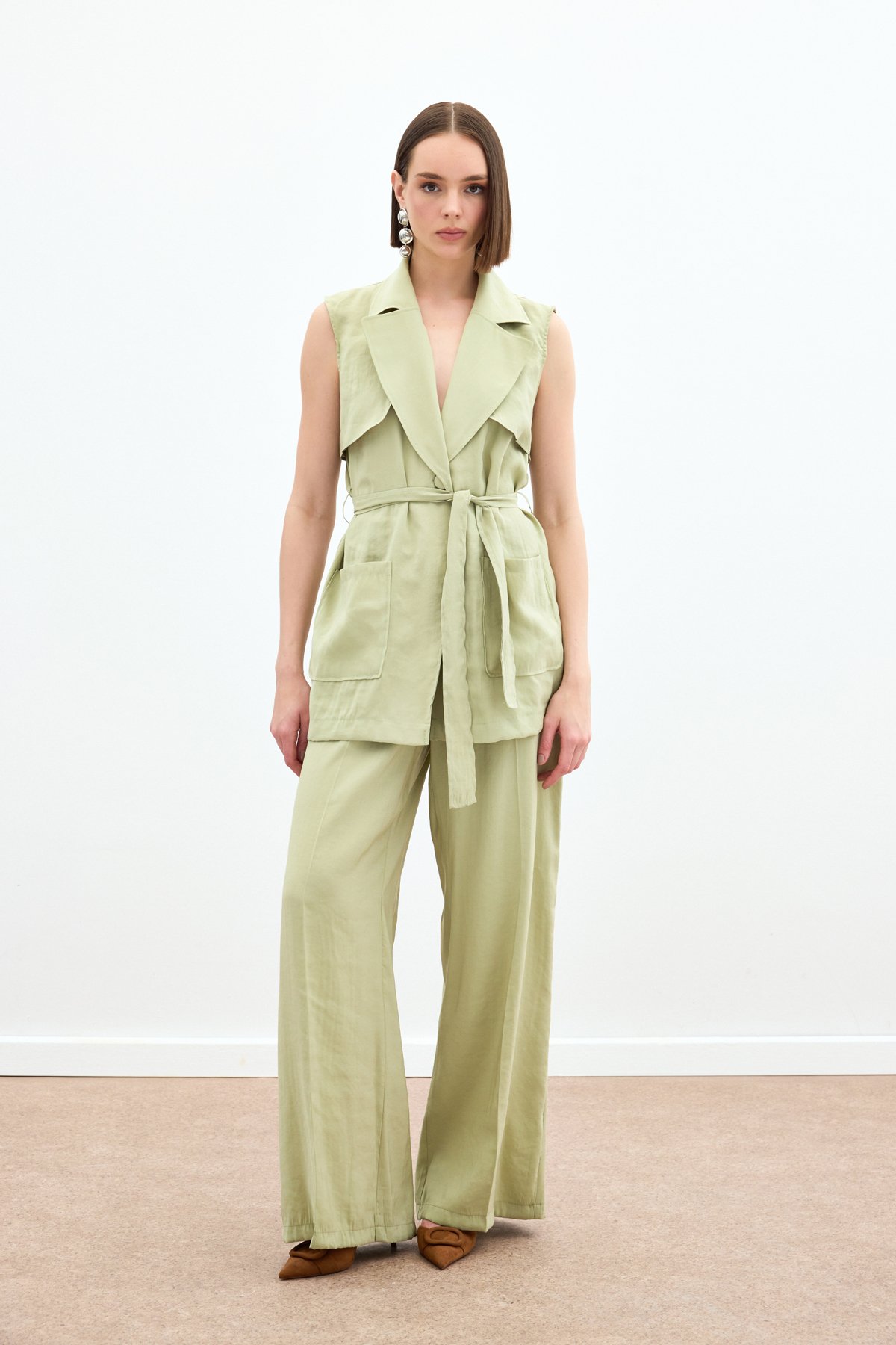 Kuşaklı Uzun Yelek - Yağ Yeşili