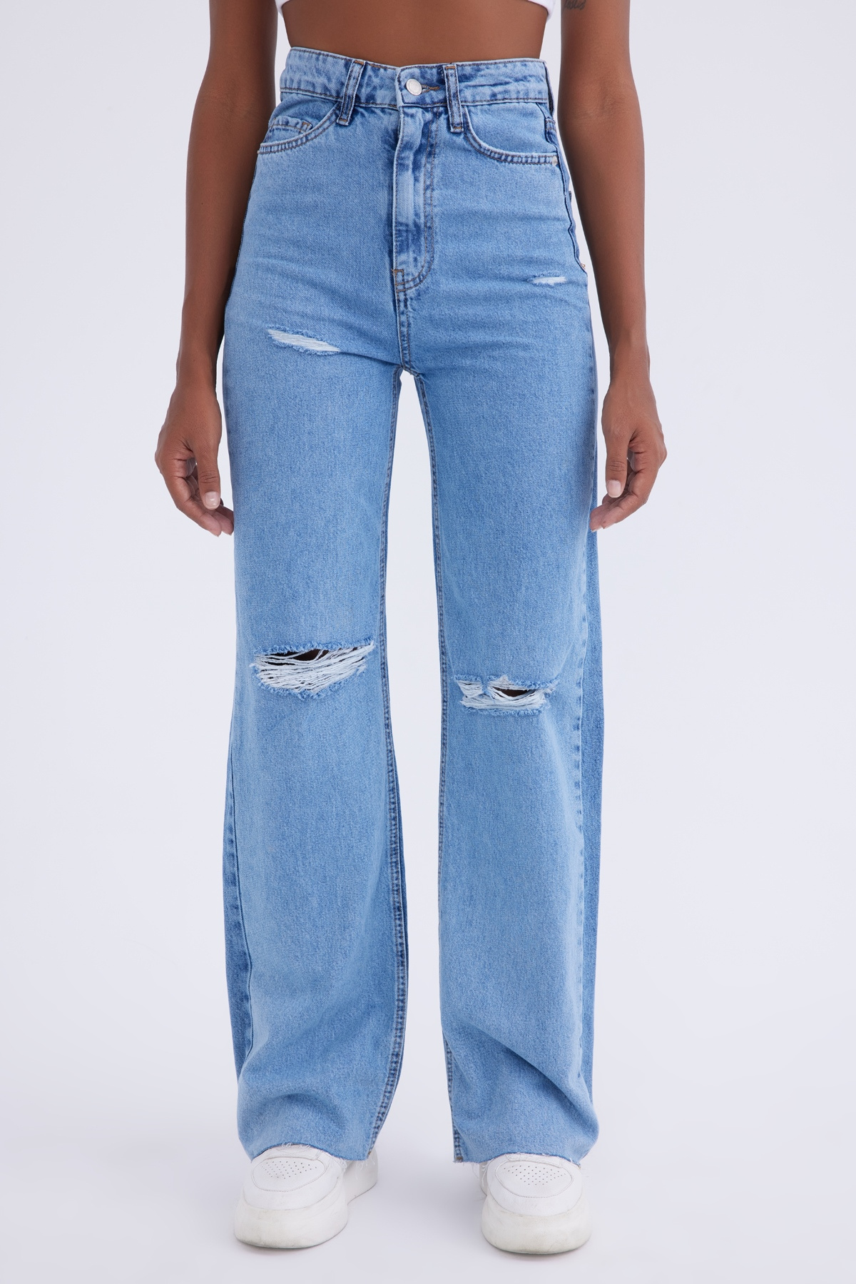 Lazer kesim distressed jean - MAVİ-KOYU MAVİ